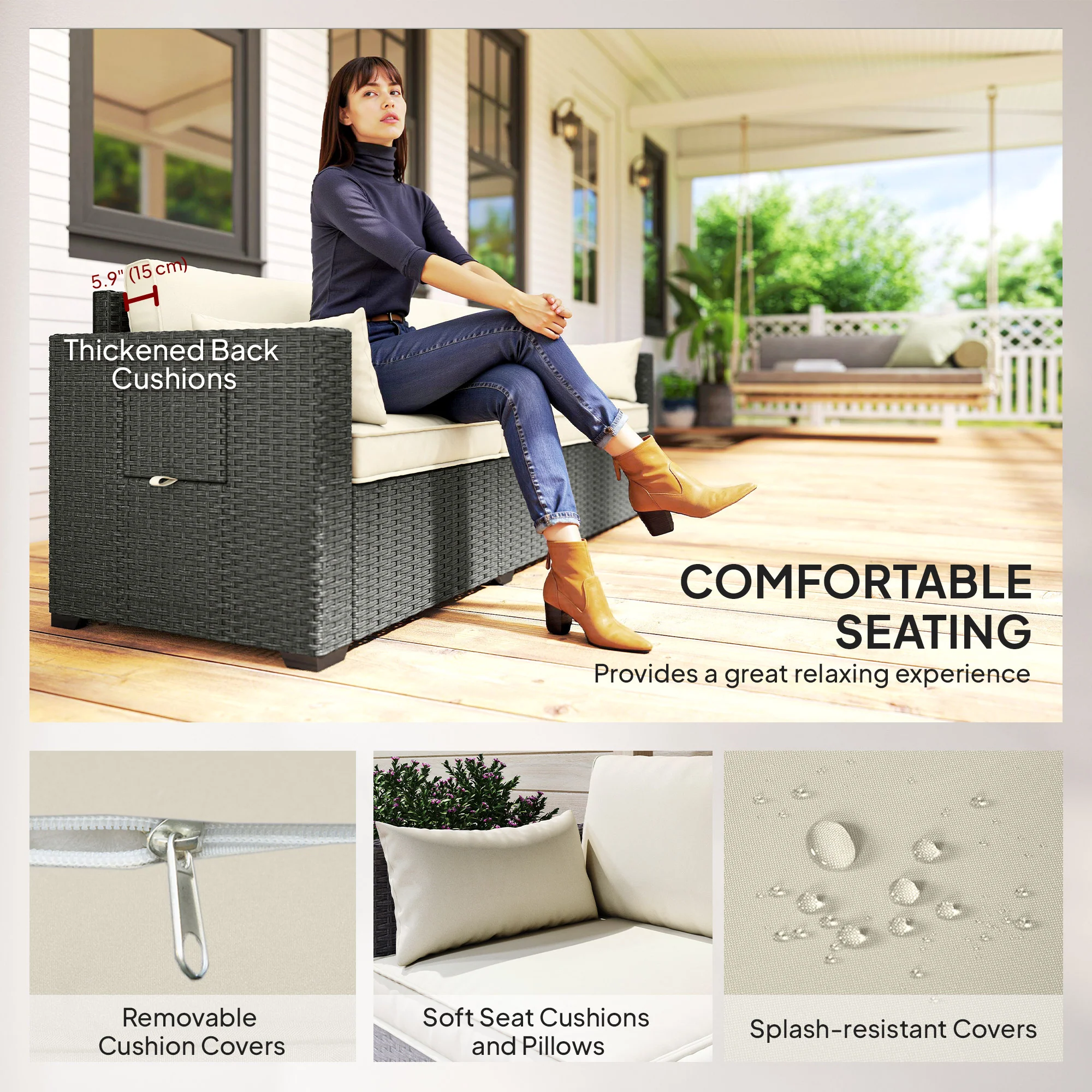 3-Seater Wicker Outdoor Sofa with Side Trays & Thick Cushions, Cream White - Image 8