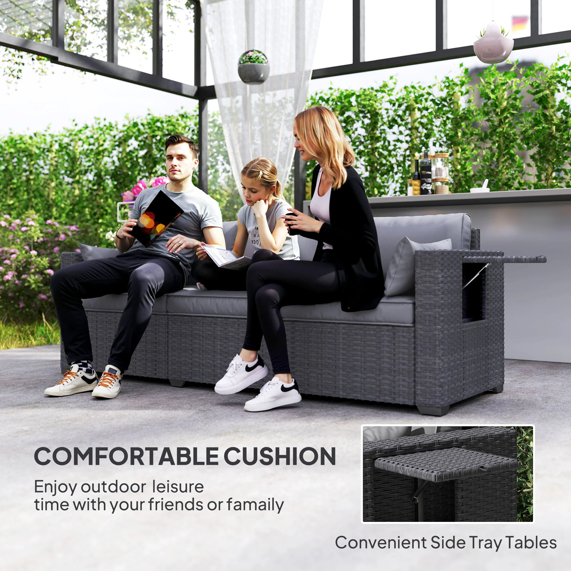 3-Seater Wicker Patio Sofa with Side Trays, 6" Thick Back Cushions, Grey - Image 6