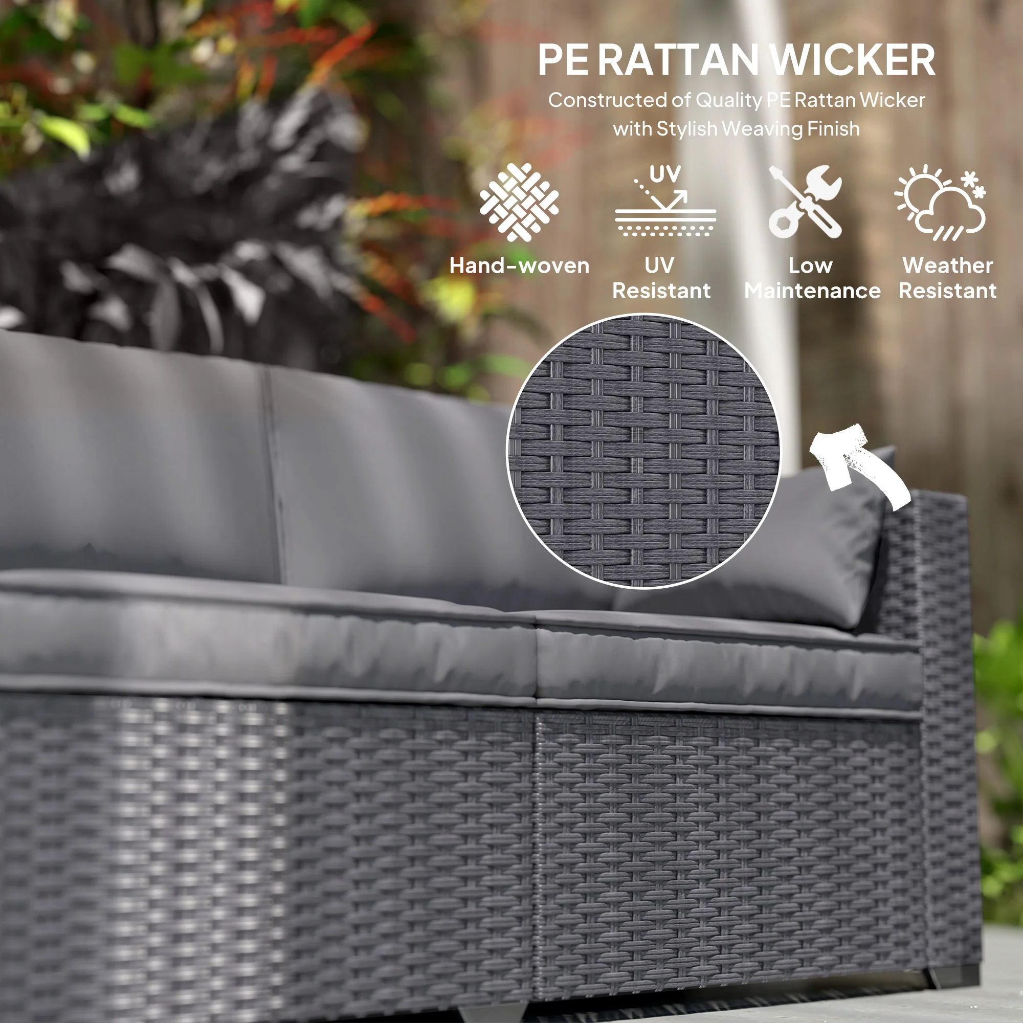 3-Seater Wicker Patio Sofa with Side Trays, 6" Thick Back Cushions, Grey - Image 7