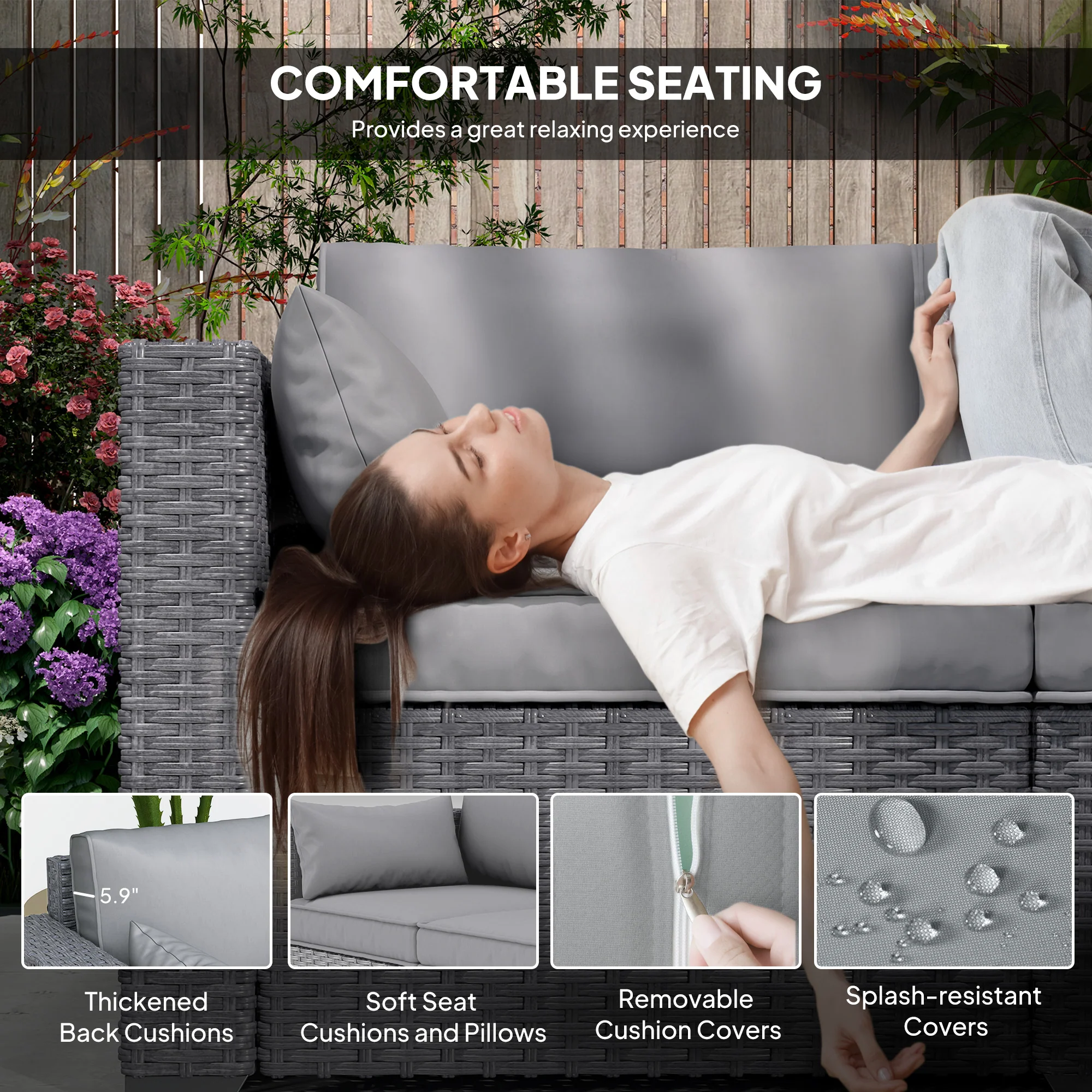 3-Seater Wicker Patio Sofa with Side Trays, 6" Thick Back Cushions, Grey - Image 8
