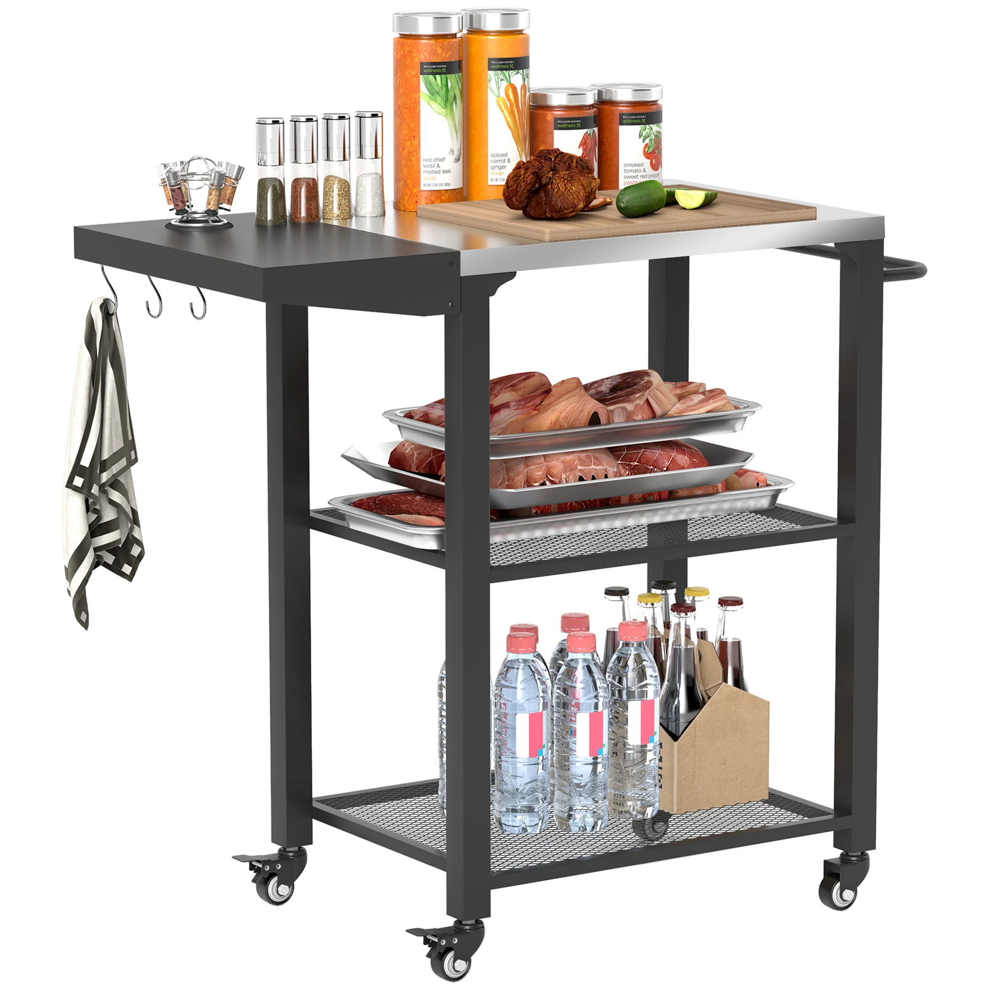 Compact 3-Shelf Grill Cart with Foldable Side Table & Steel Tabletop