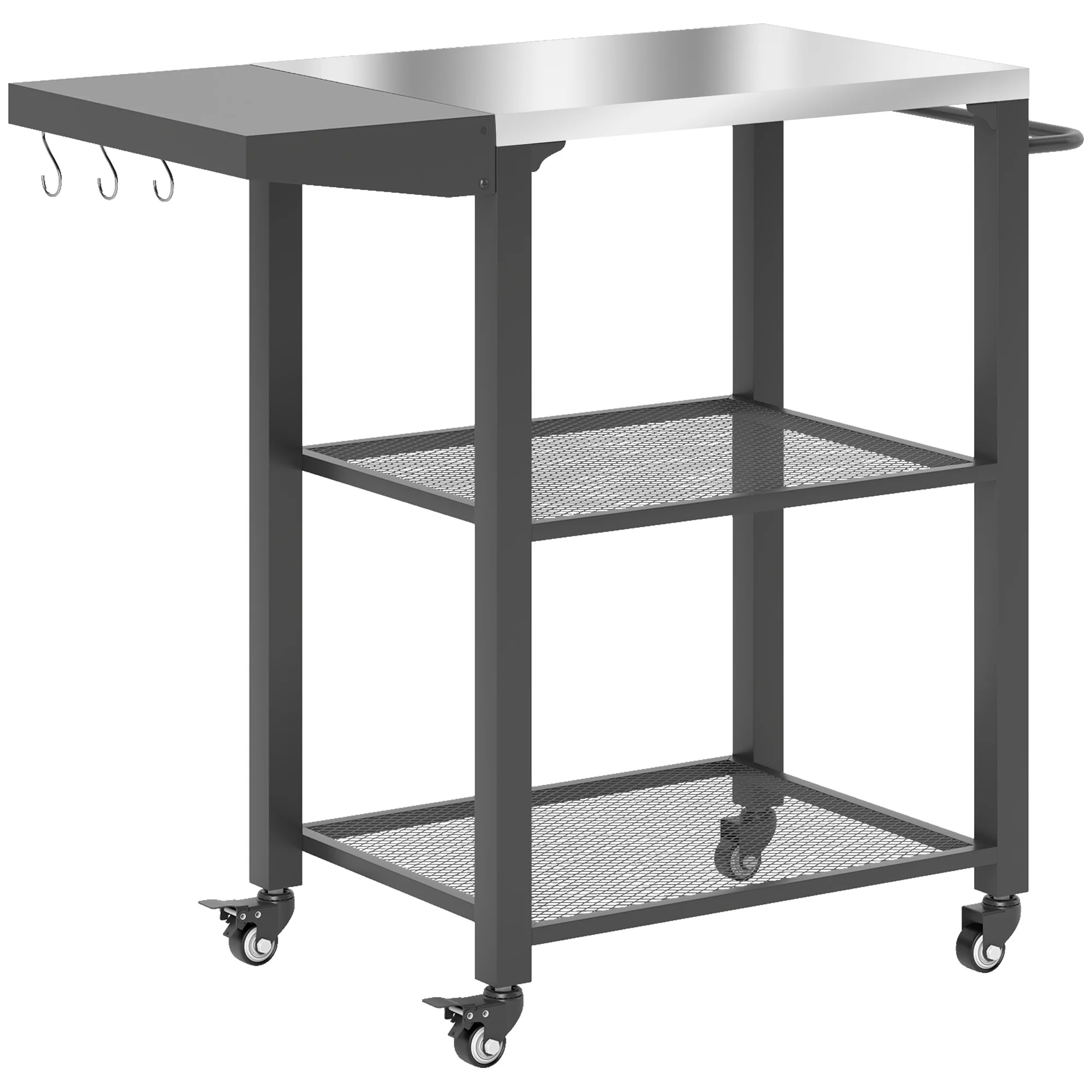 Compact 3-Shelf Grill Cart with Foldable Side Table & Steel Tabletop - Image 2