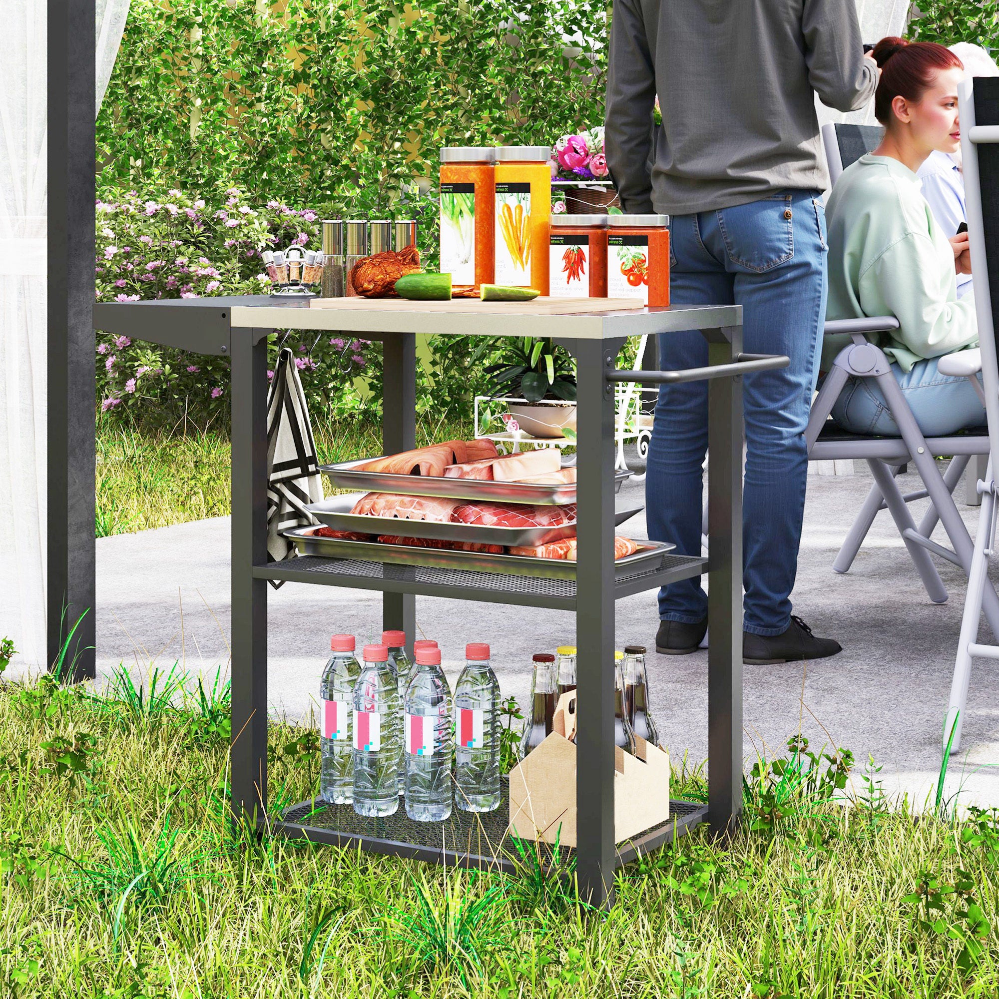 Compact 3-Shelf Grill Cart with Foldable Side Table & Steel Tabletop - Image 4