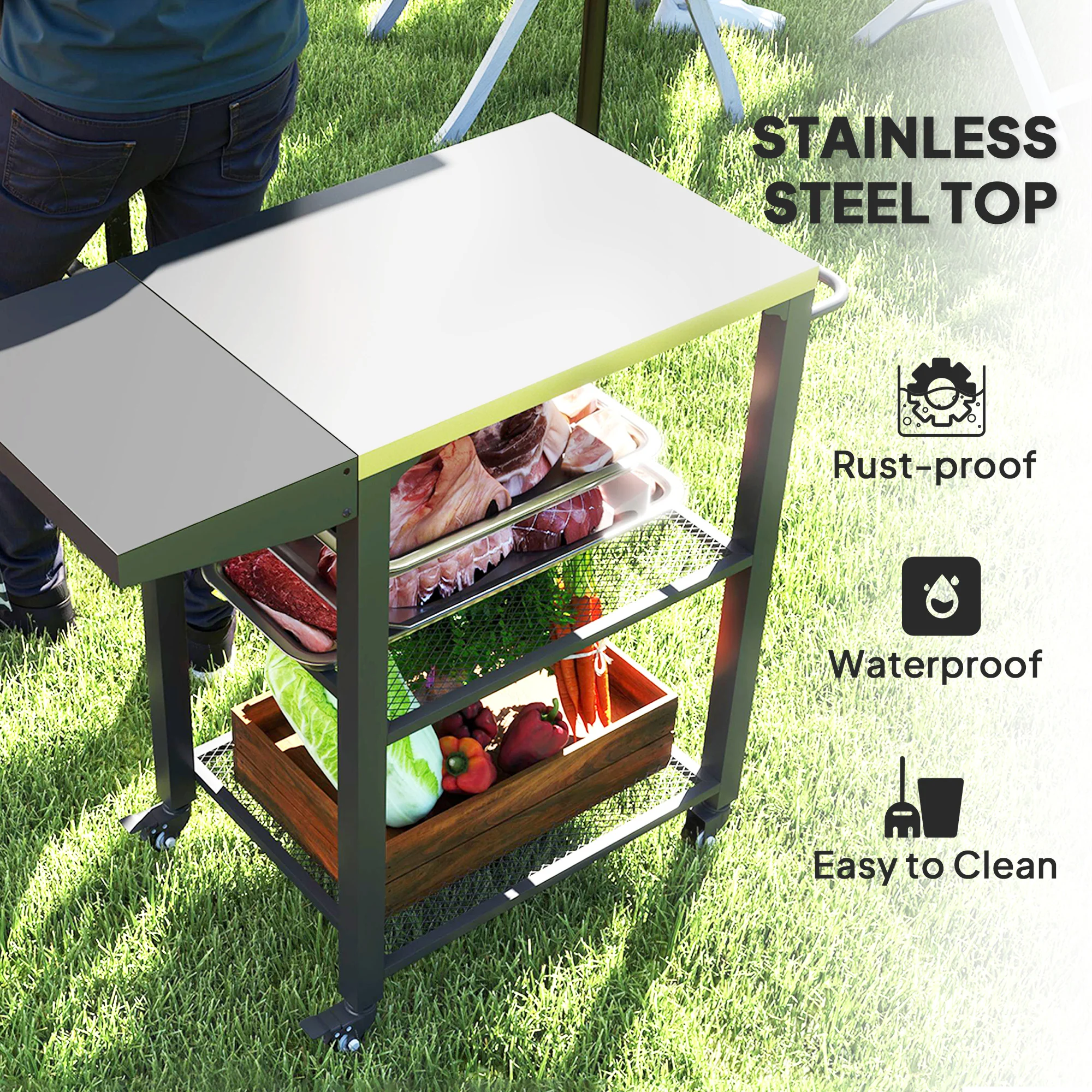 Compact 3-Shelf Grill Cart with Foldable Side Table & Steel Tabletop - Image 6