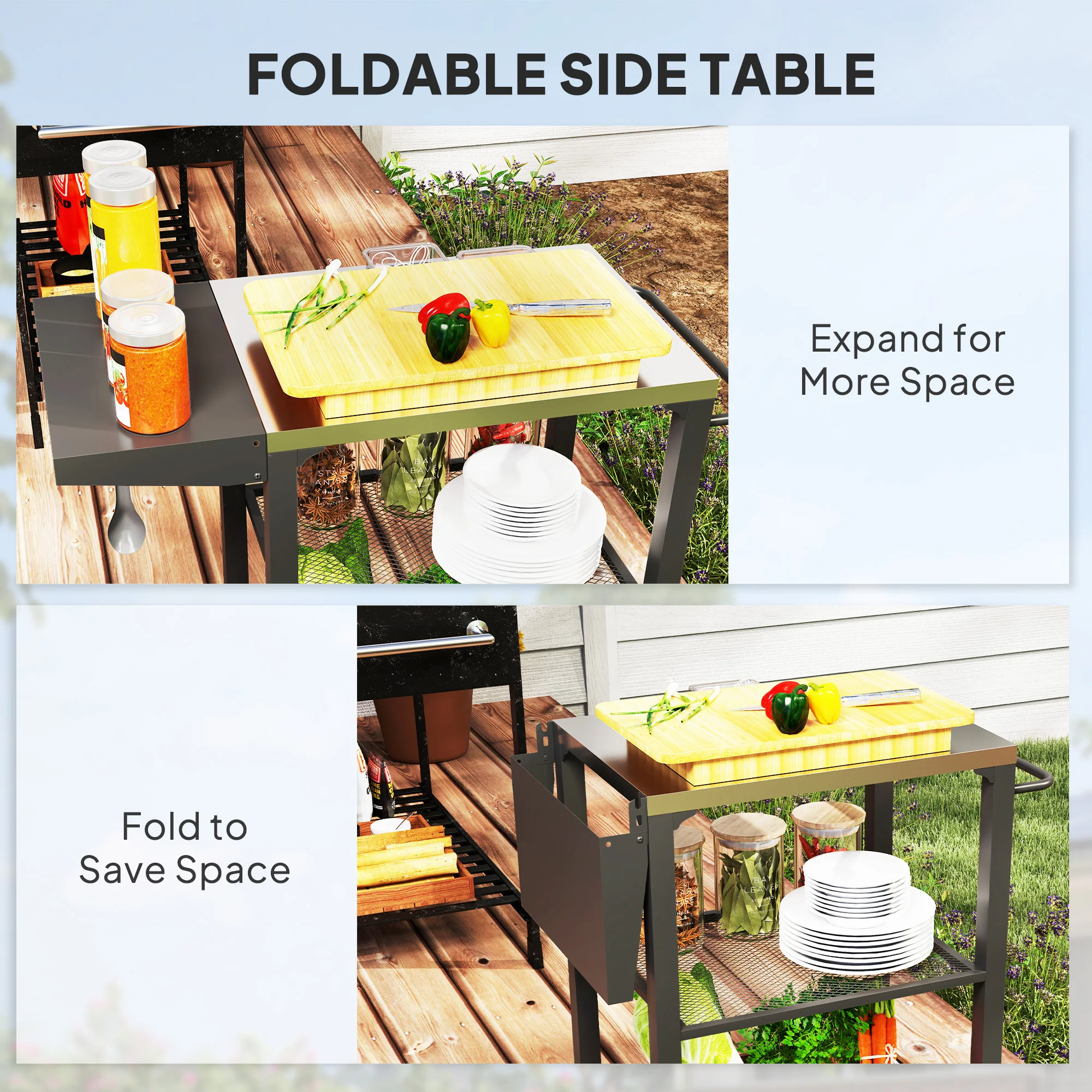 Compact 3-Shelf Grill Cart with Foldable Side Table & Steel Tabletop - Image 7