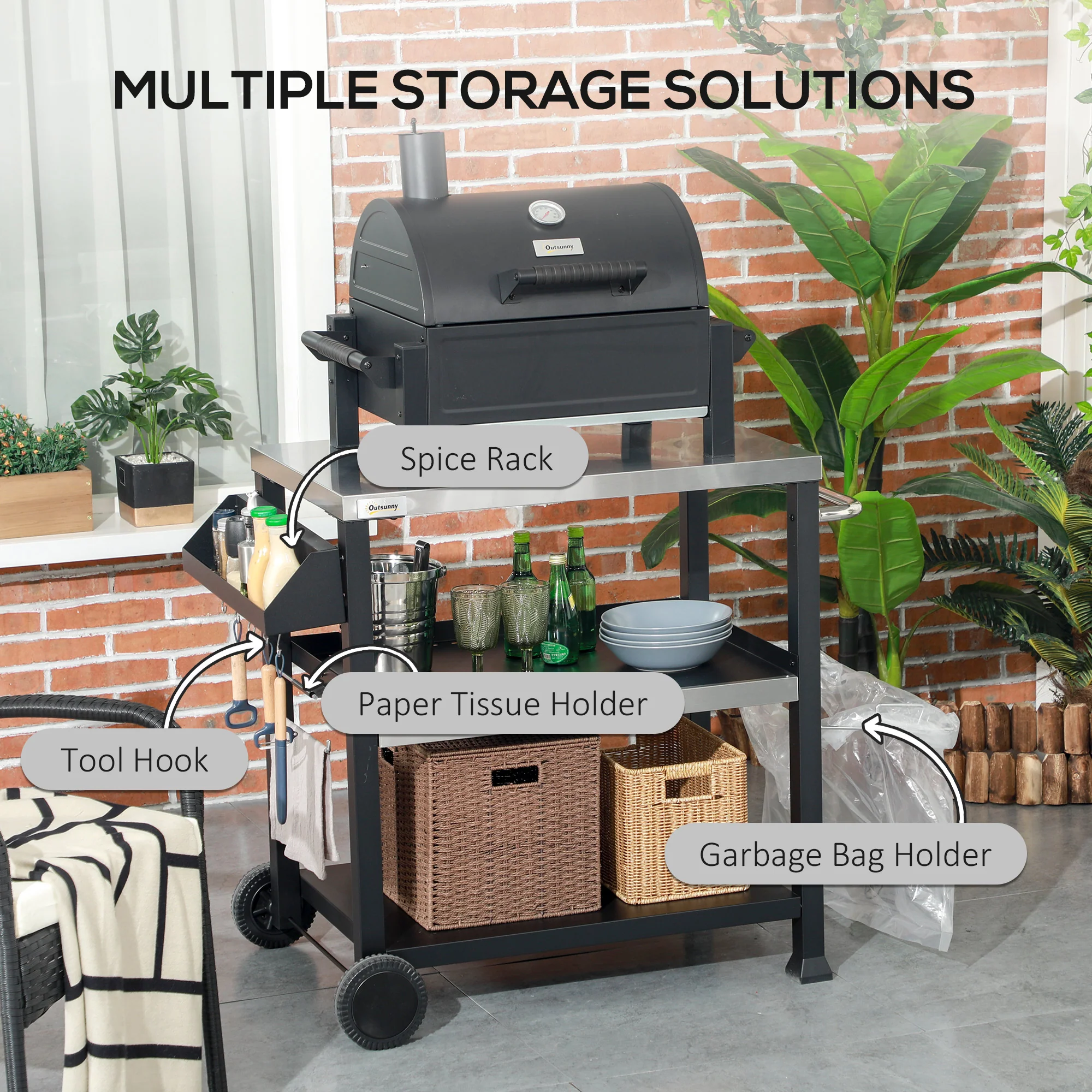 3-Shelf Grill Cart with Stainless Top & Wheels, 32" x 20.5", Black - Image 8