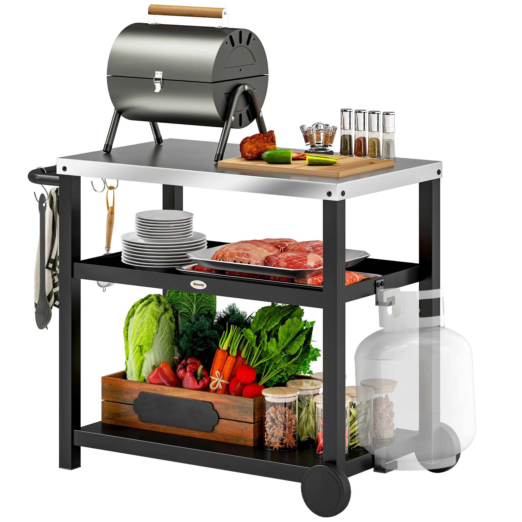 3-Shelf Stainless Steel Grill Cart with Wheels, Charcoal Grey