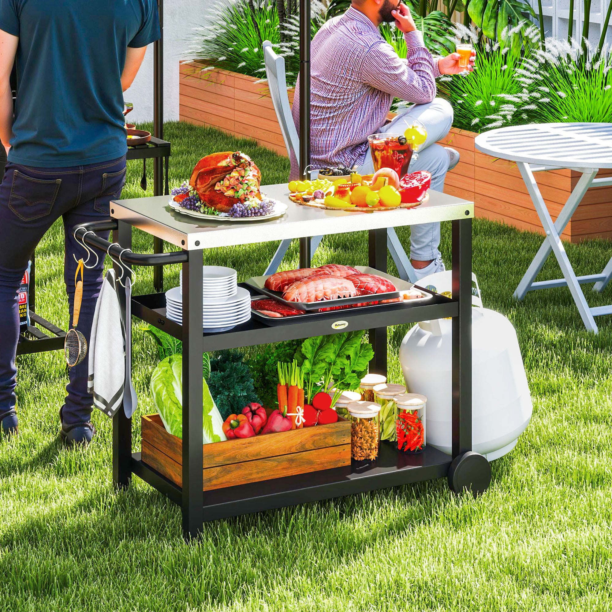3-Shelf Stainless Steel Grill Cart with Wheels, Charcoal Grey - Image 3