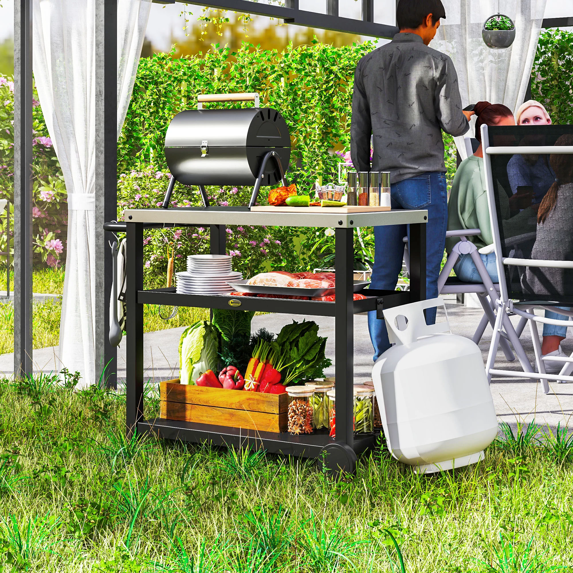 3-Shelf Stainless Steel Grill Cart with Wheels, Charcoal Grey - Image 4