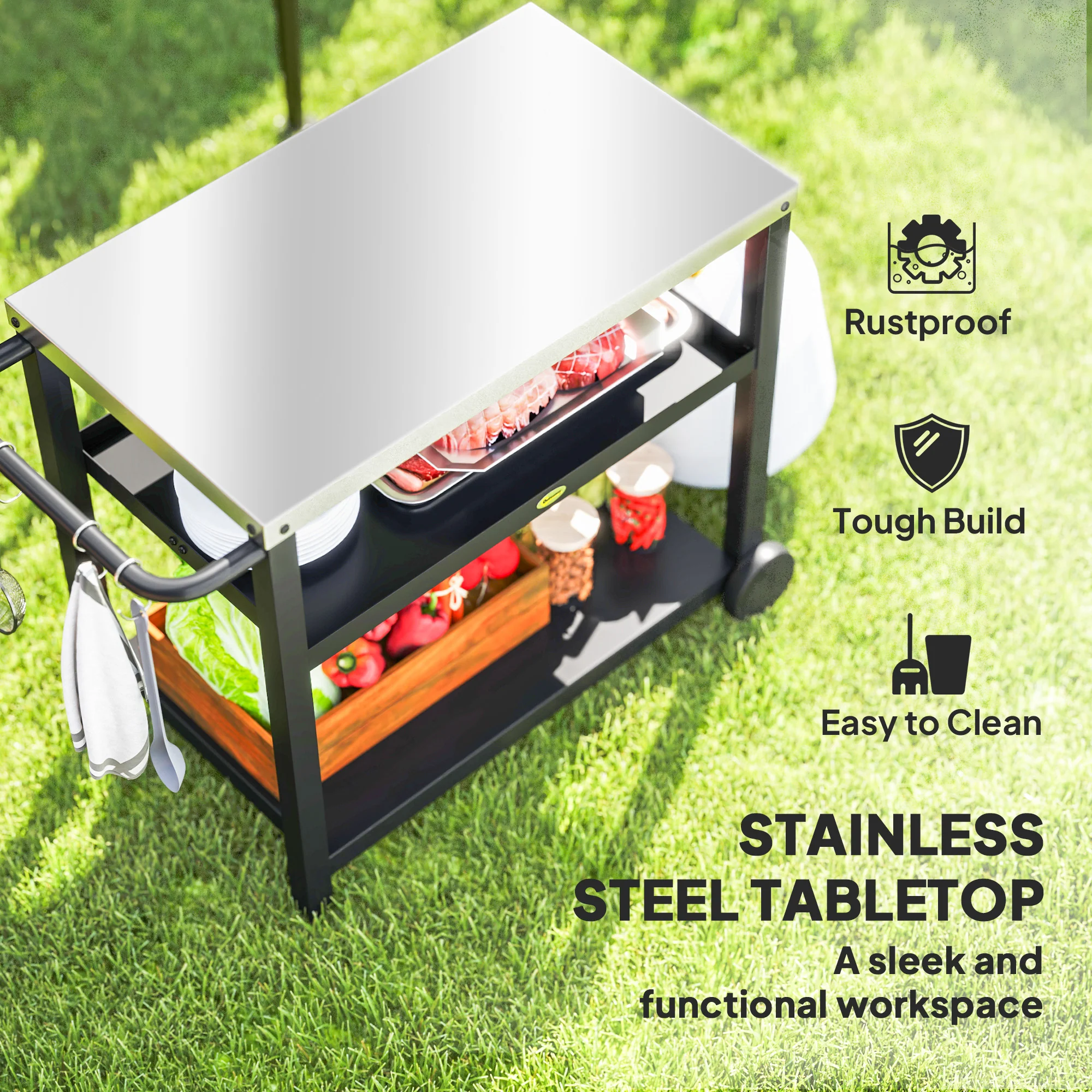 3-Shelf Stainless Steel Grill Cart with Wheels, Charcoal Grey - Image 6