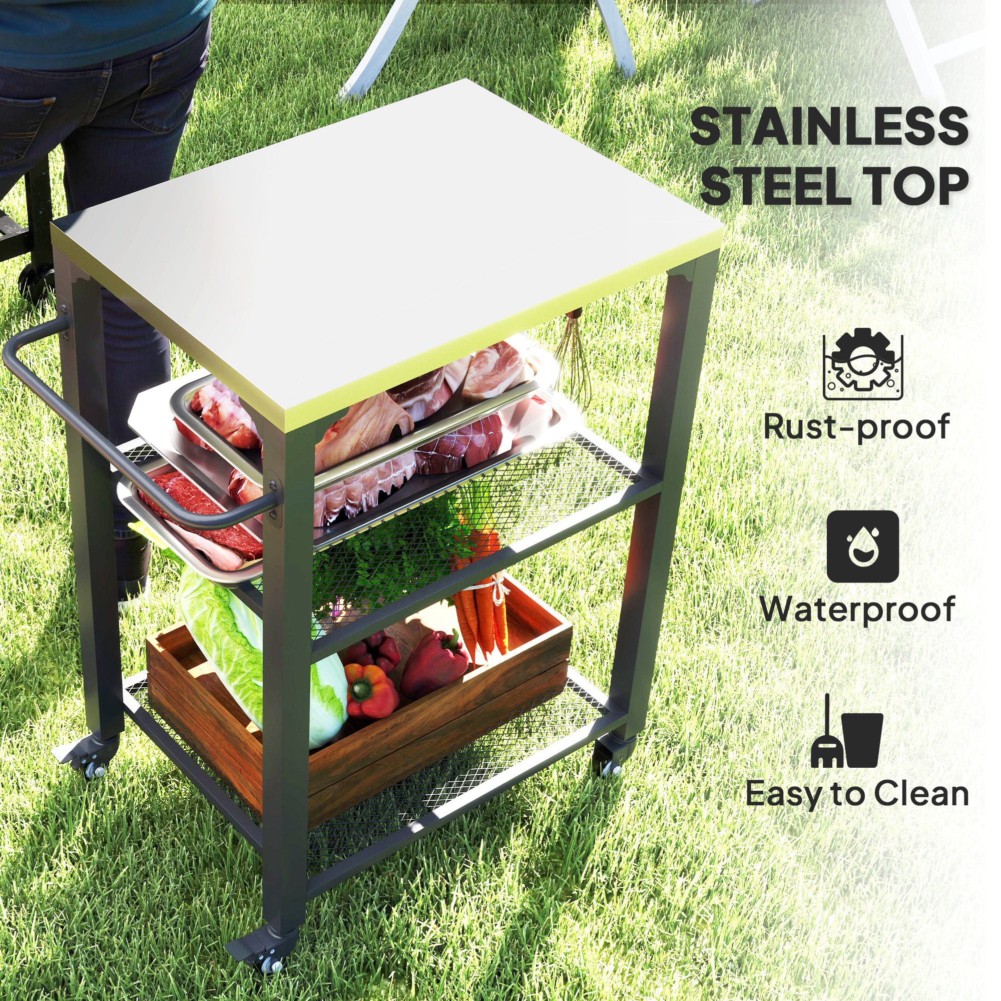 3-Shelf Stainless Steel Pizza Oven Stand with Hooks & 4 Wheels - Image 6