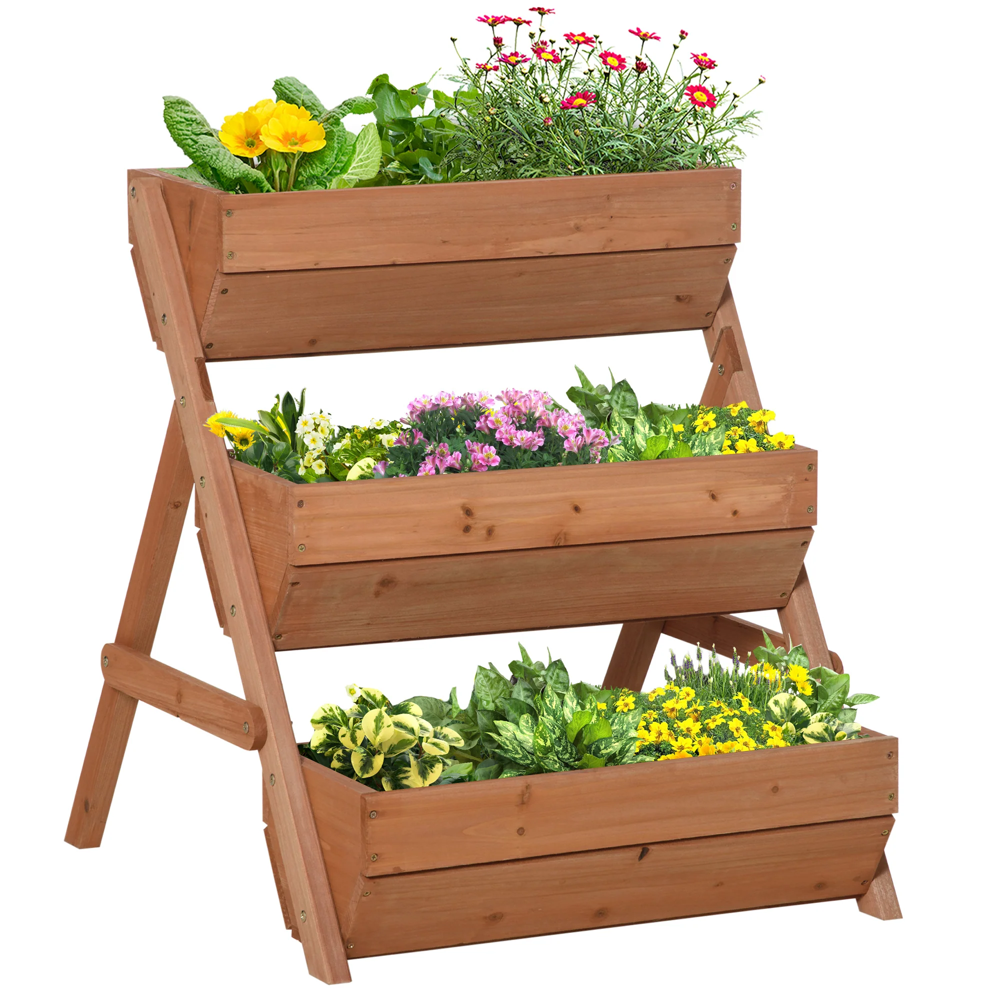 3 Tier 66L Raised Garden Bed Wooden Elevated Planter Box Kit for Flower, Vegetable, Herb, 65 x 75 x 76cm, Brown