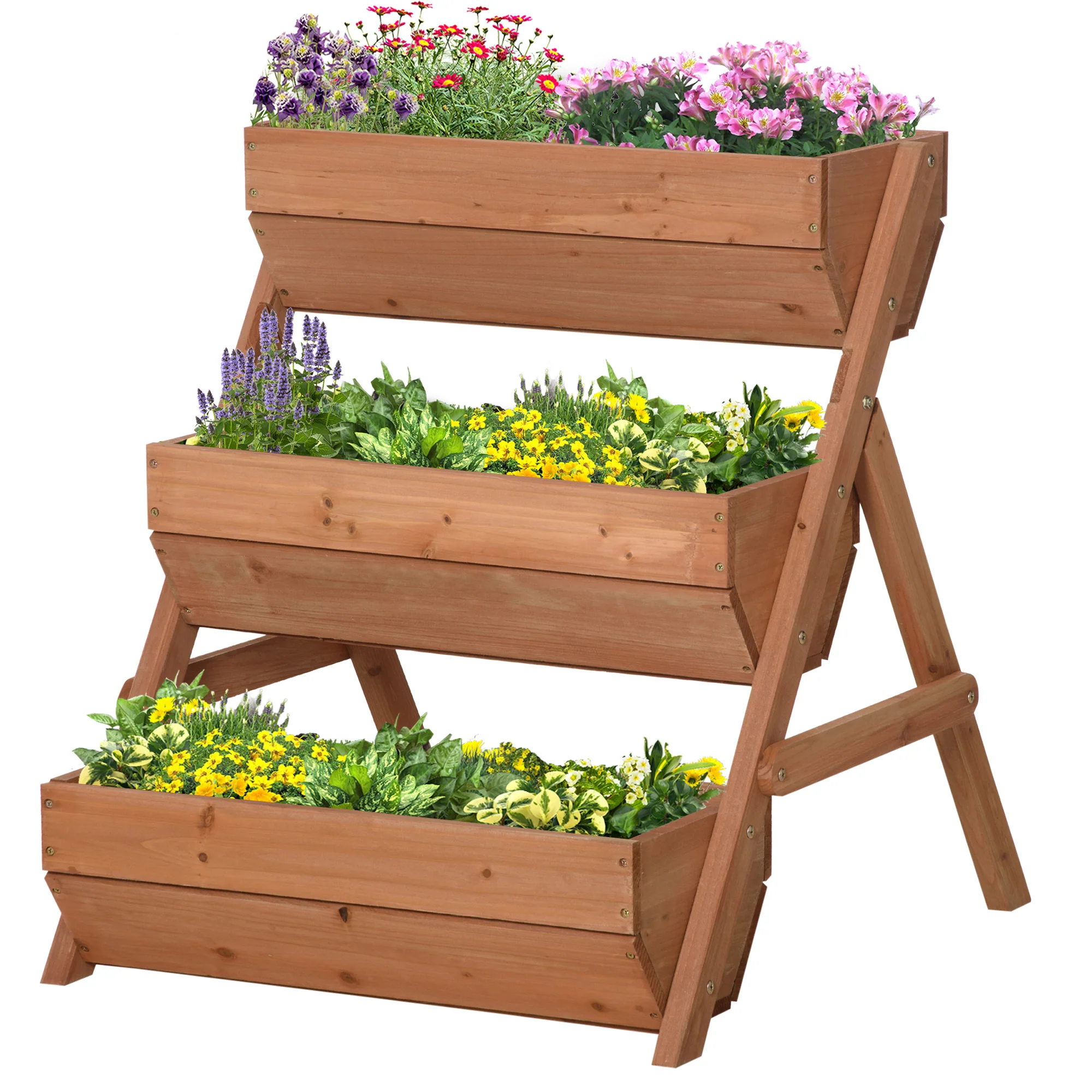 3 Tier 66L Raised Garden Bed Wooden Elevated Planter Box Kit for Flower, Vegetable, Herb, 65 x 75 x 76cm, Brown - Image 2