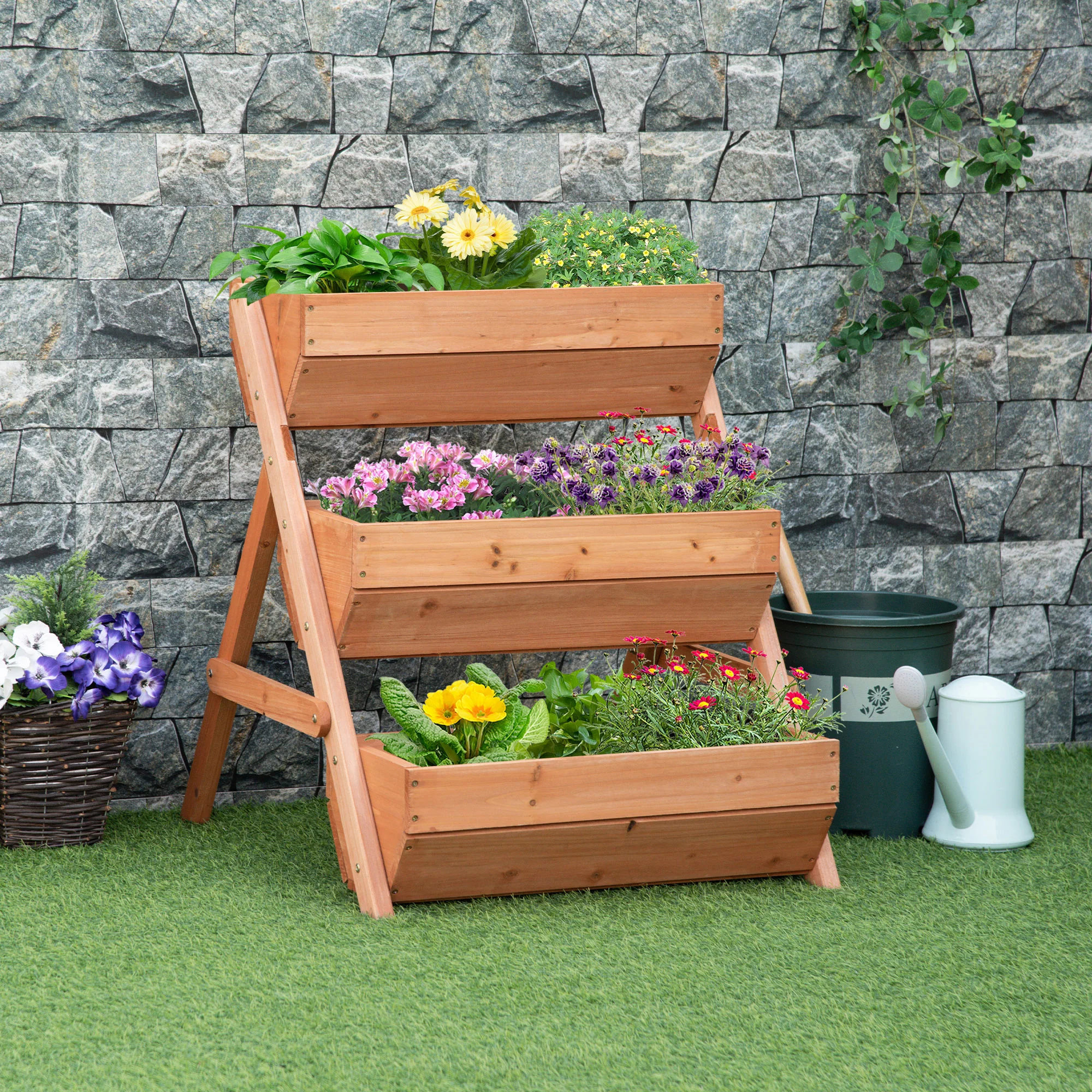 3 Tier 66L Raised Garden Bed Wooden Elevated Planter Box Kit for Flower, Vegetable, Herb, 65 x 75 x 76cm, Brown - Image 3
