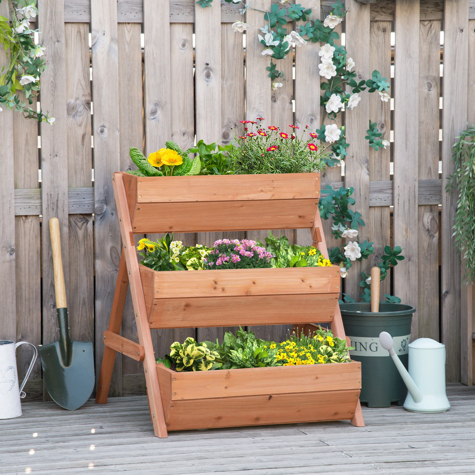 3 Tier 66L Raised Garden Bed Wooden Elevated Planter Box Kit for Flower, Vegetable, Herb, 65 x 75 x 76cm, Brown - Image 4