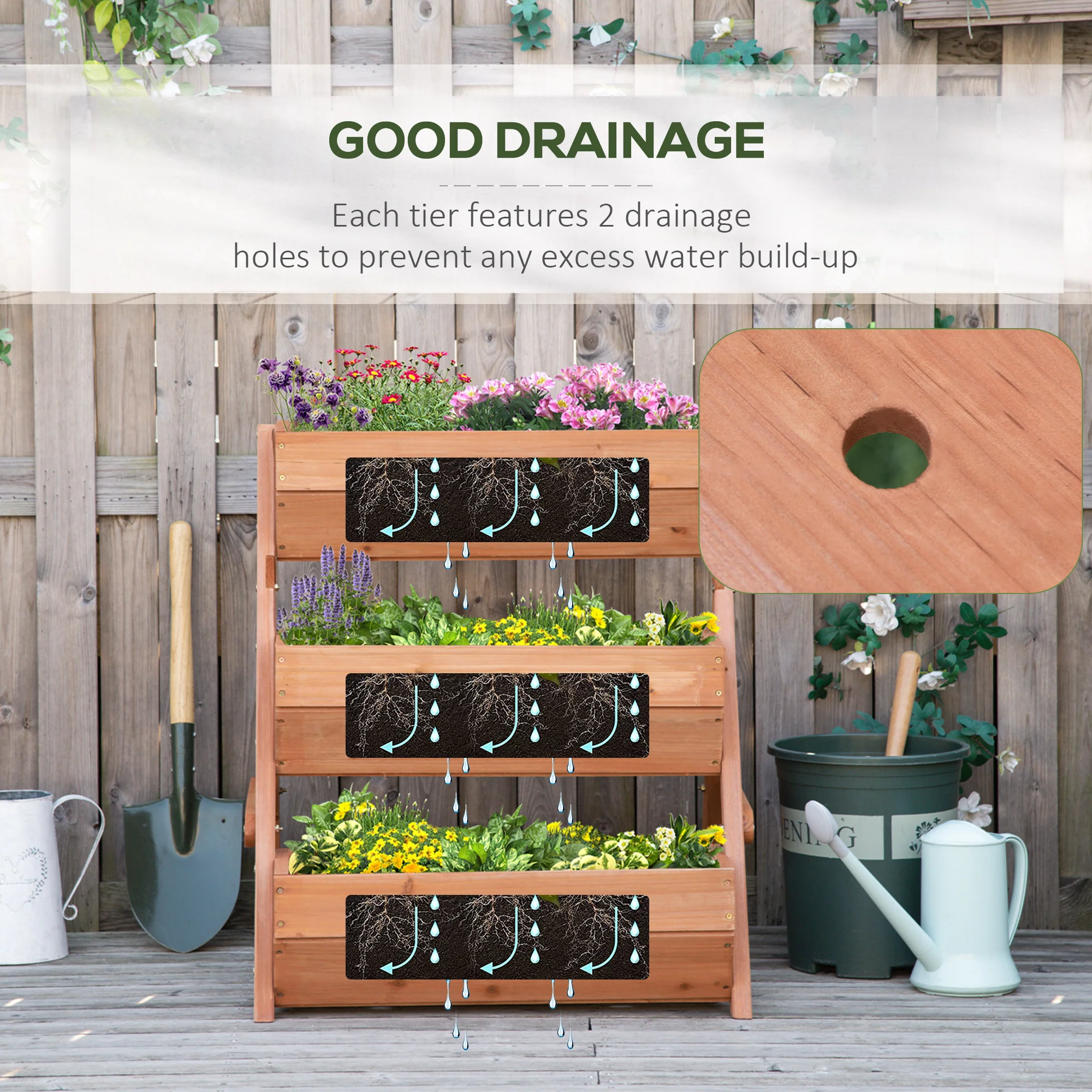 3 Tier 66L Raised Garden Bed Wooden Elevated Planter Box Kit for Flower, Vegetable, Herb, 65 x 75 x 76cm, Brown - Image 7