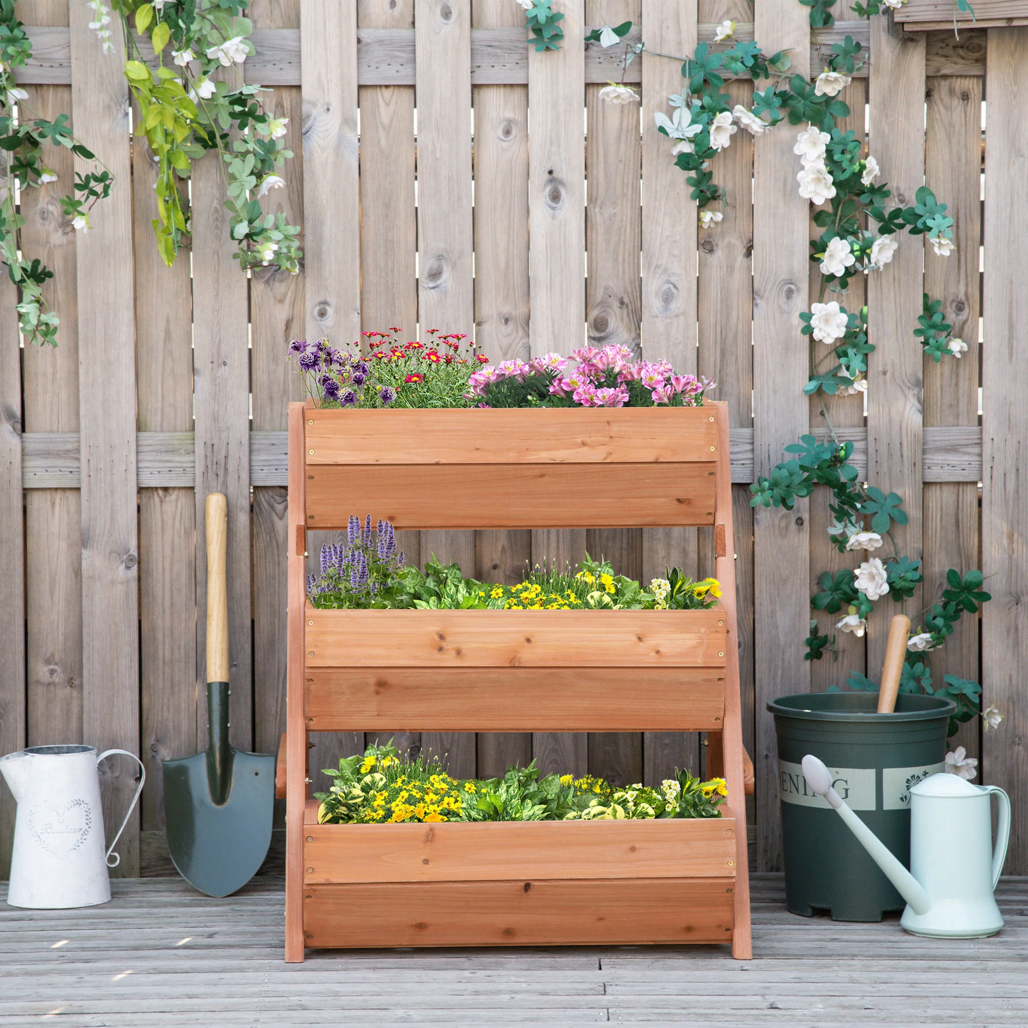 3 Tier 66L Raised Garden Bed Wooden Elevated Planter Box Kit for Flower, Vegetable, Herb, 65 x 75 x 76cm, Brown - Image 9