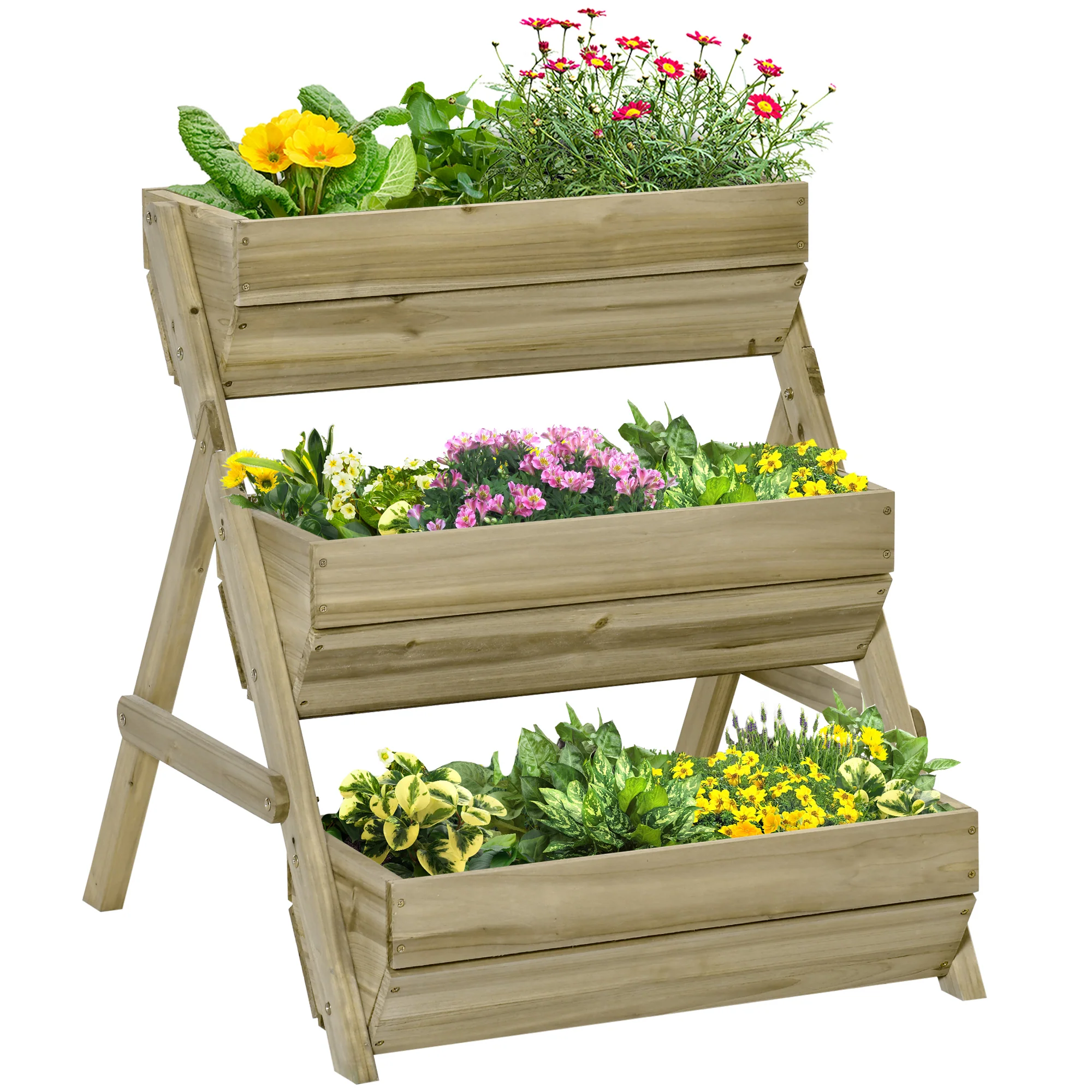 3 Tier 66L Raised Garden Bed Wooden Elevated Planter Box Kit for Flower, Vegetable, Herb, 65 x 75 x 76cm, Green