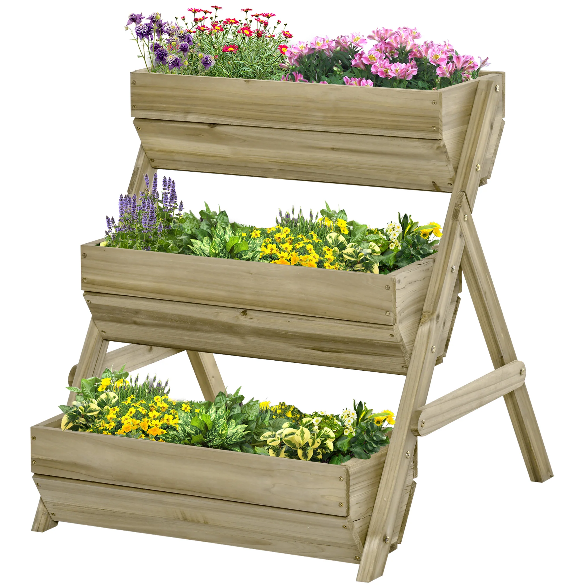 3 Tier 66L Raised Garden Bed Wooden Elevated Planter Box Kit for Flower, Vegetable, Herb, 65 x 75 x 76cm, Green - Image 2