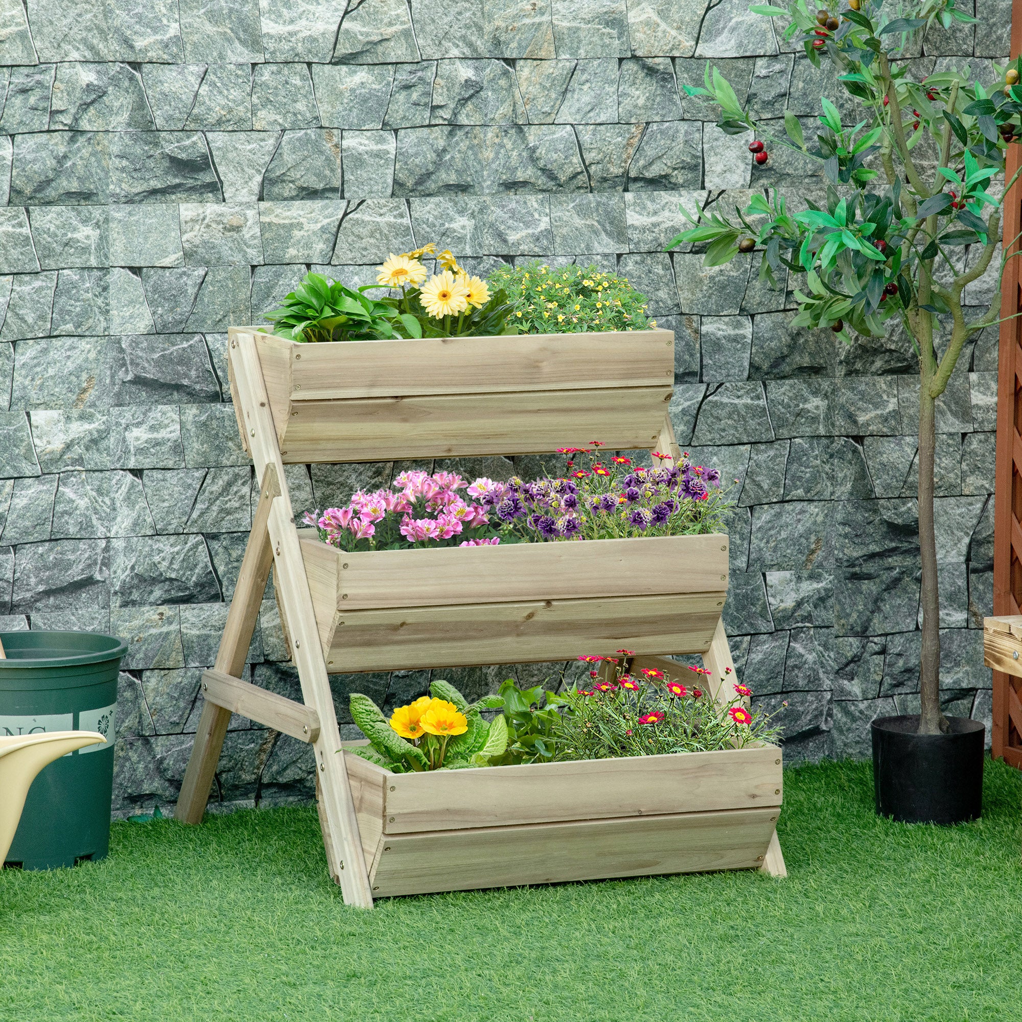3 Tier 66L Raised Garden Bed Wooden Elevated Planter Box Kit for Flower, Vegetable, Herb, 65 x 75 x 76cm, Green - Image 3