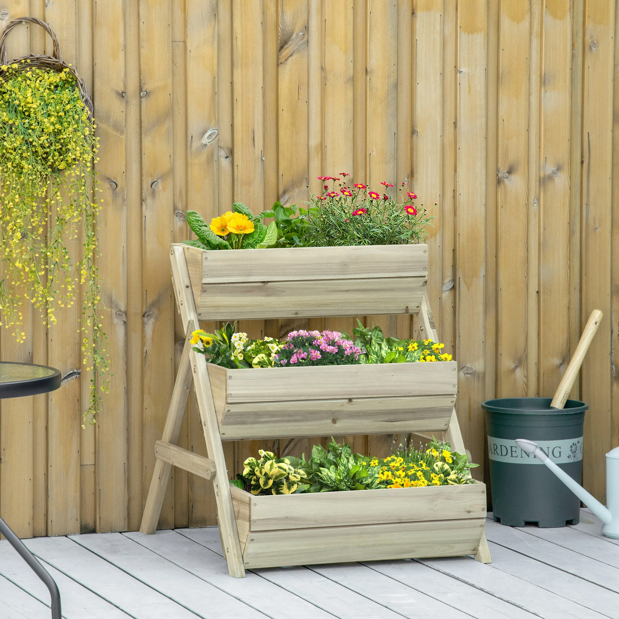 3 Tier 66L Raised Garden Bed Wooden Elevated Planter Box Kit for Flower, Vegetable, Herb, 65 x 75 x 76cm, Green - Image 4