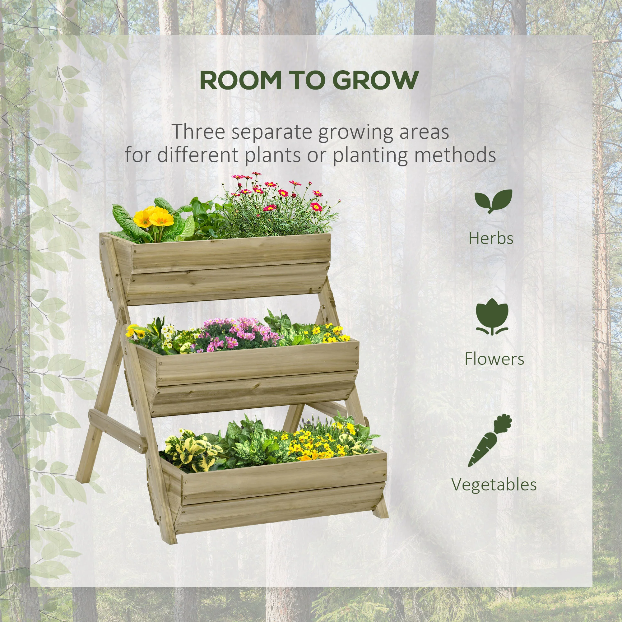 3 Tier 66L Raised Garden Bed Wooden Elevated Planter Box Kit for Flower, Vegetable, Herb, 65 x 75 x 76cm, Green - Image 6