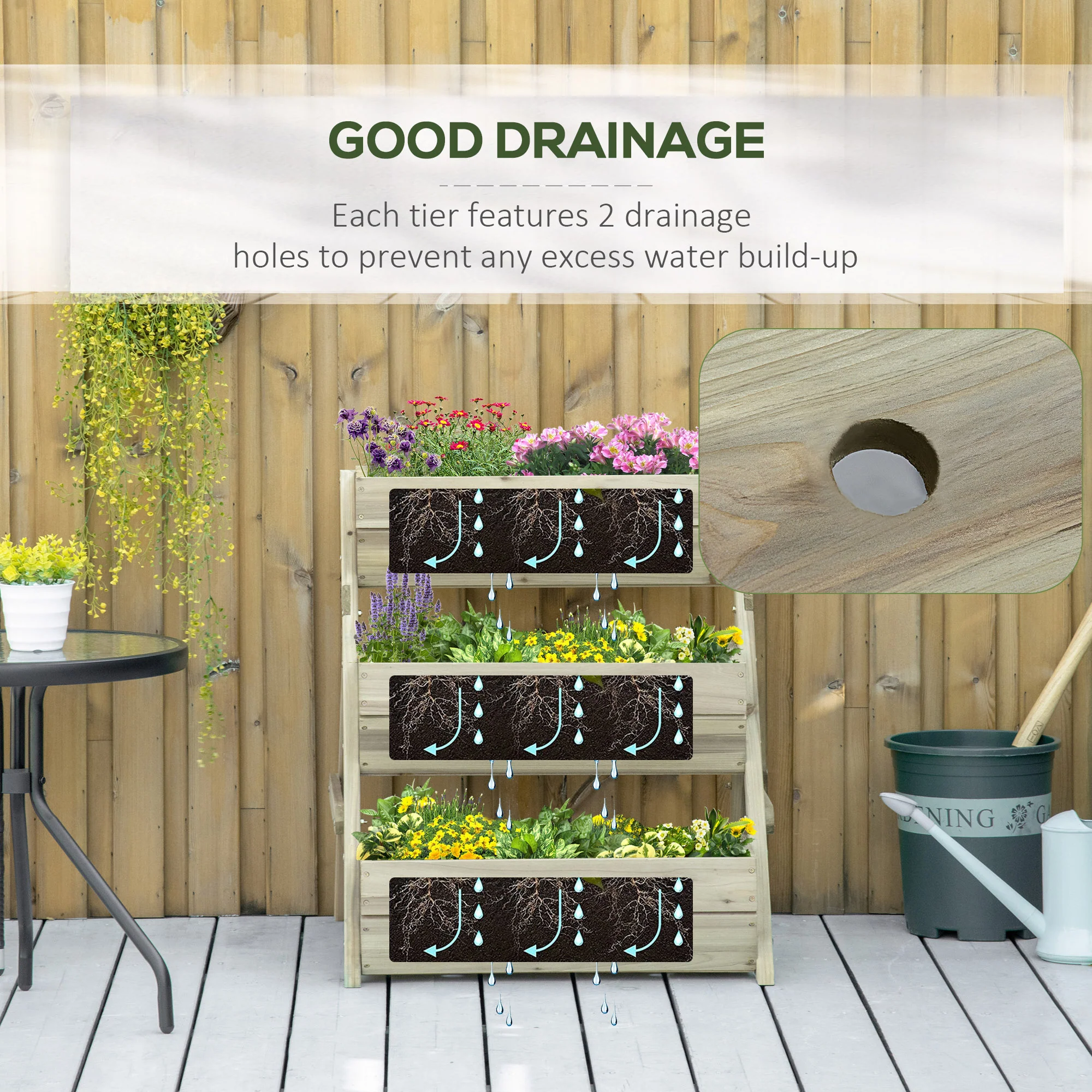 3 Tier 66L Raised Garden Bed Wooden Elevated Planter Box Kit for Flower, Vegetable, Herb, 65 x 75 x 76cm, Green - Image 7