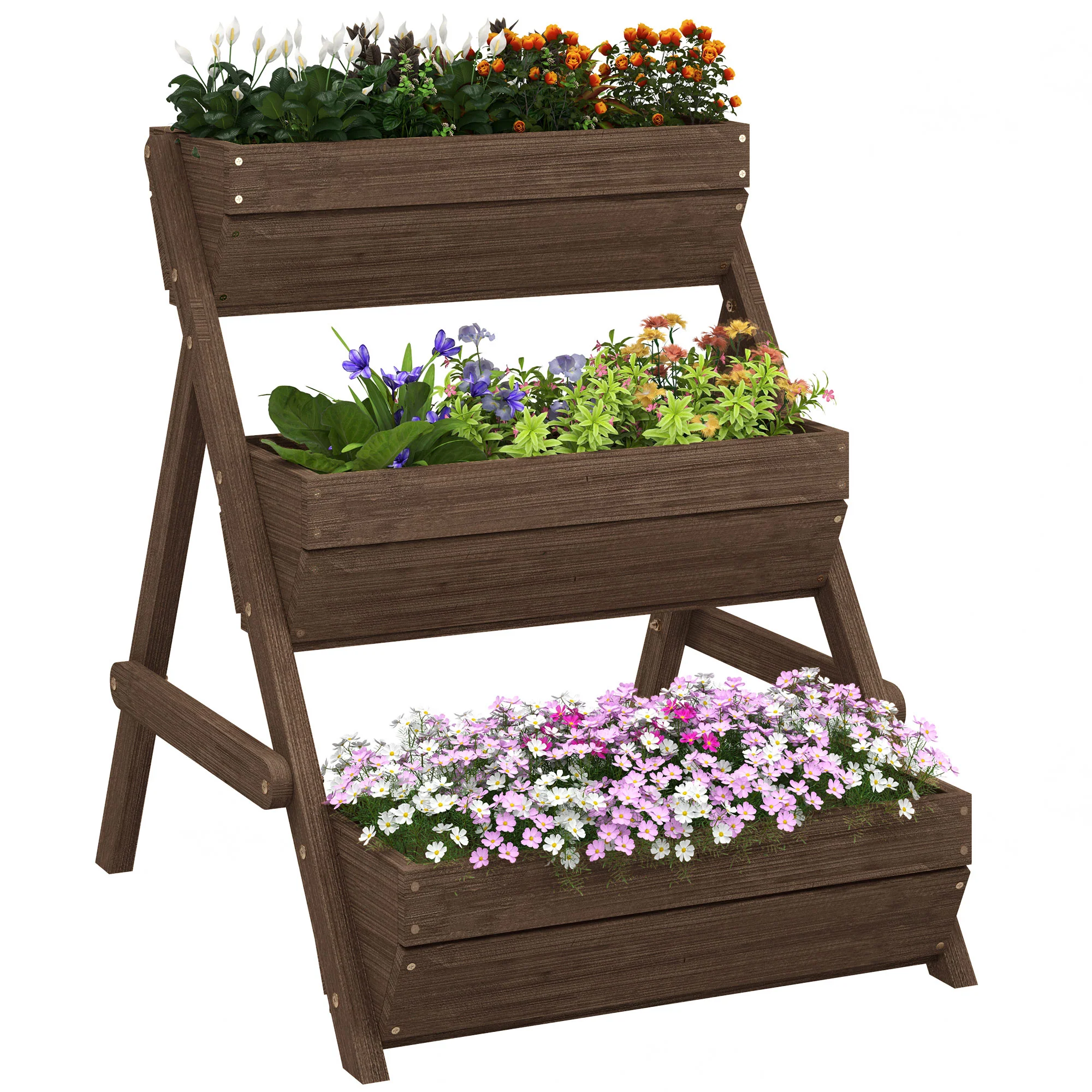 3 Tier 66L Raised Garden Bed Wooden Elevated Planter Box Kit for Flower, Vegetable, Herb, 65 x 75 x 76cm, Tan