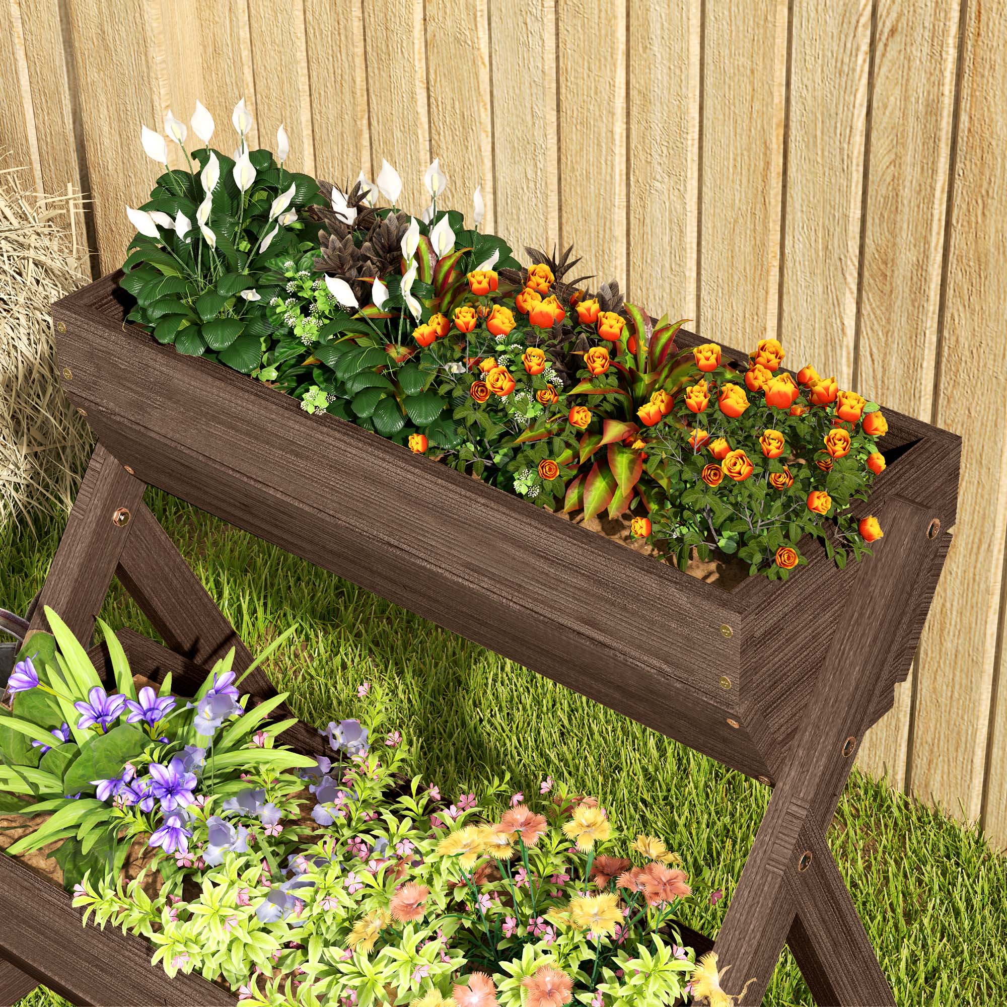 3 Tier 66L Raised Garden Bed Wooden Elevated Planter Box Kit for Flower, Vegetable, Herb, 65 x 75 x 76cm, Tan - Image 11