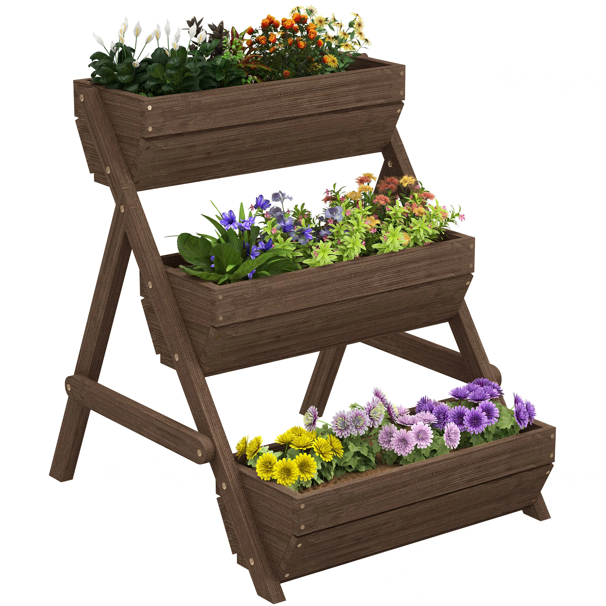 3 Tier 66L Raised Garden Bed Wooden Elevated Planter Box Kit for Flower, Vegetable, Herb, 65 x 75 x 76cm, Tan - Image 2