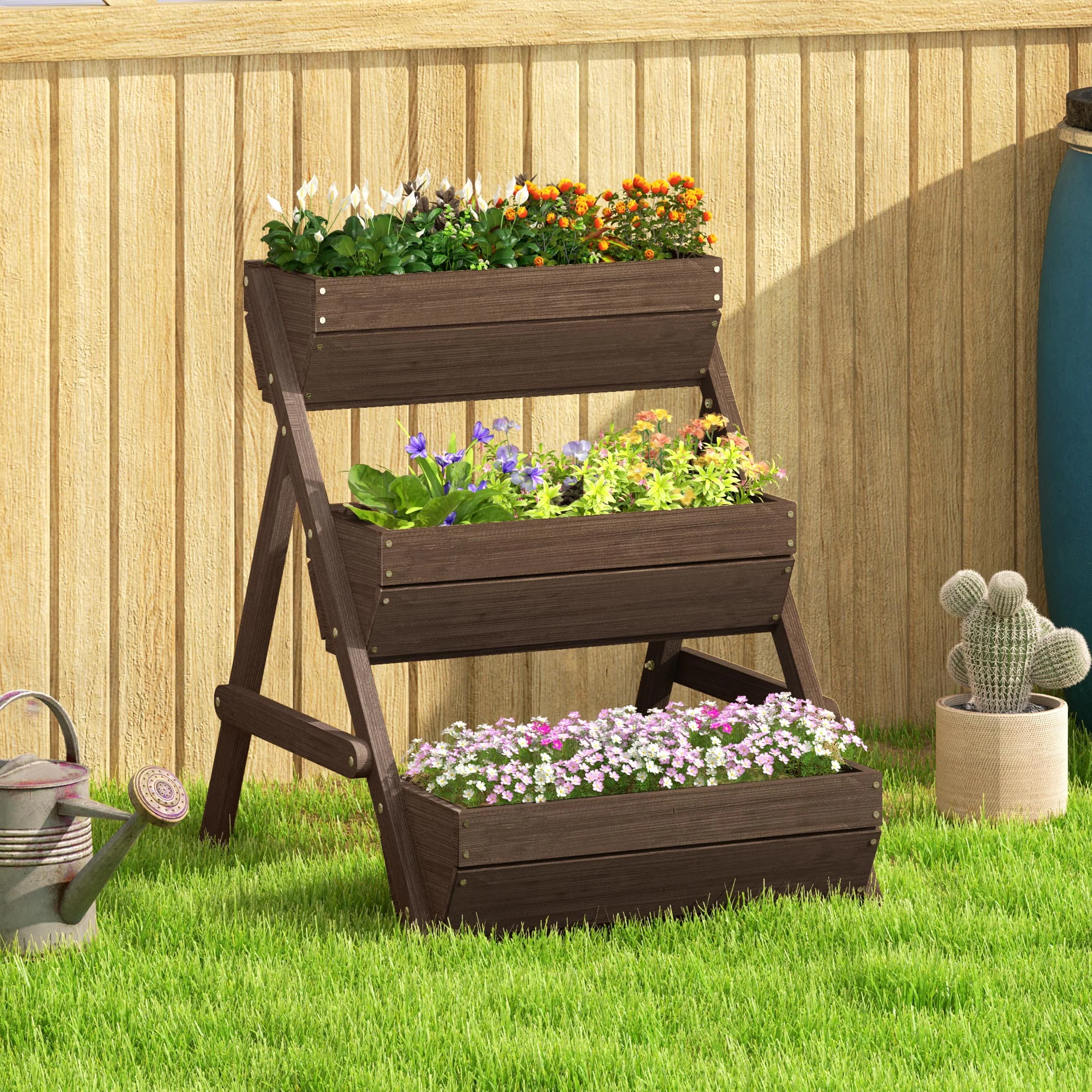 3 Tier 66L Raised Garden Bed Wooden Elevated Planter Box Kit for Flower, Vegetable, Herb, 65 x 75 x 76cm, Tan - Image 3