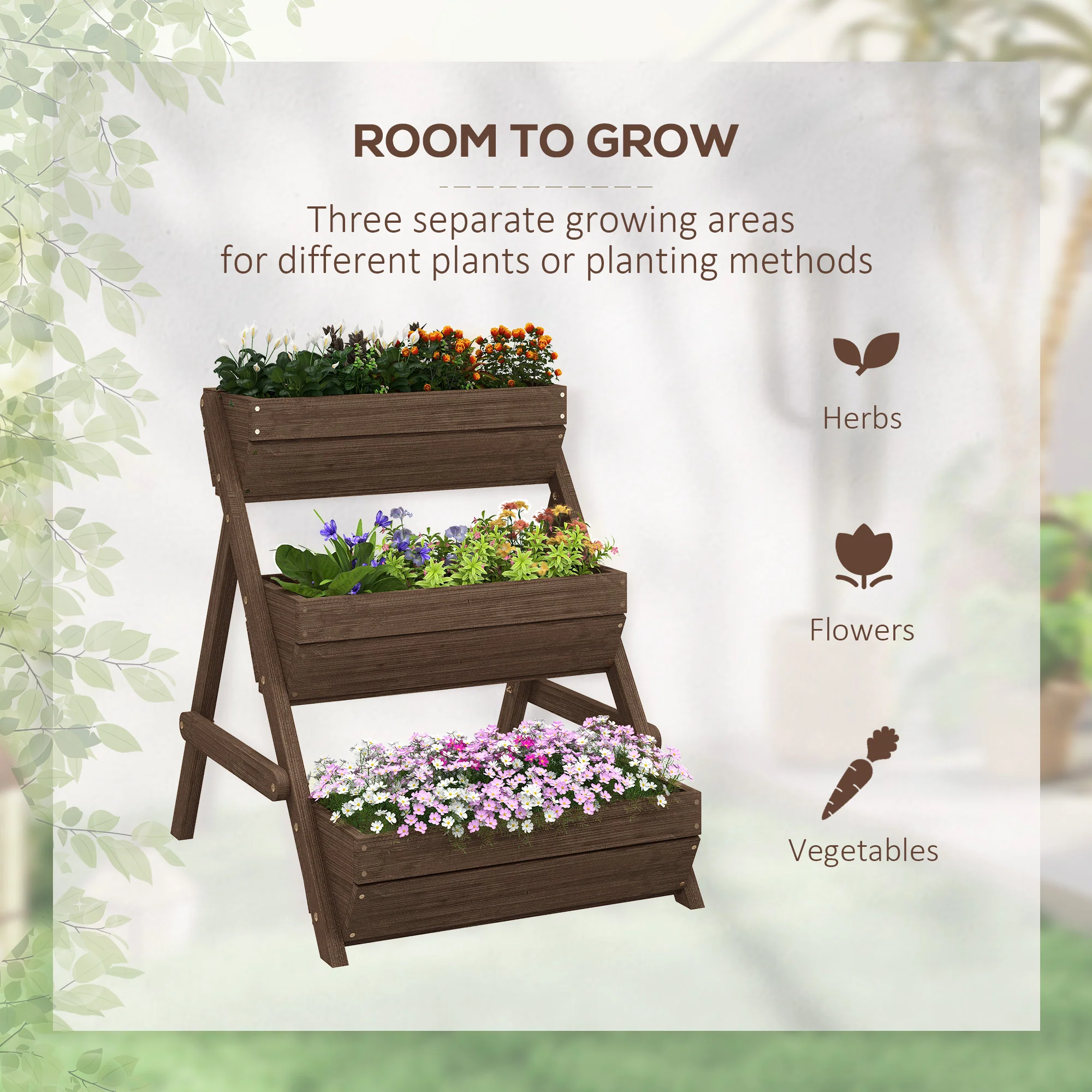 3 Tier 66L Raised Garden Bed Wooden Elevated Planter Box Kit for Flower, Vegetable, Herb, 65 x 75 x 76cm, Tan - Image 6