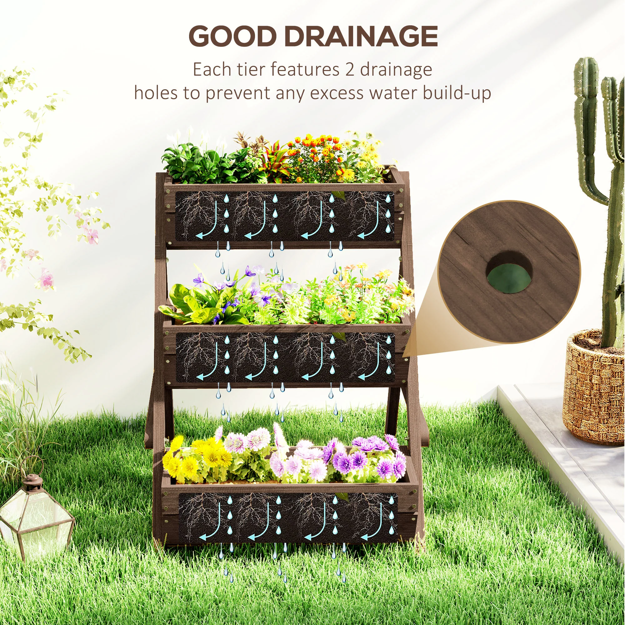 3 Tier 66L Raised Garden Bed Wooden Elevated Planter Box Kit for Flower, Vegetable, Herb, 65 x 75 x 76cm, Tan - Image 7