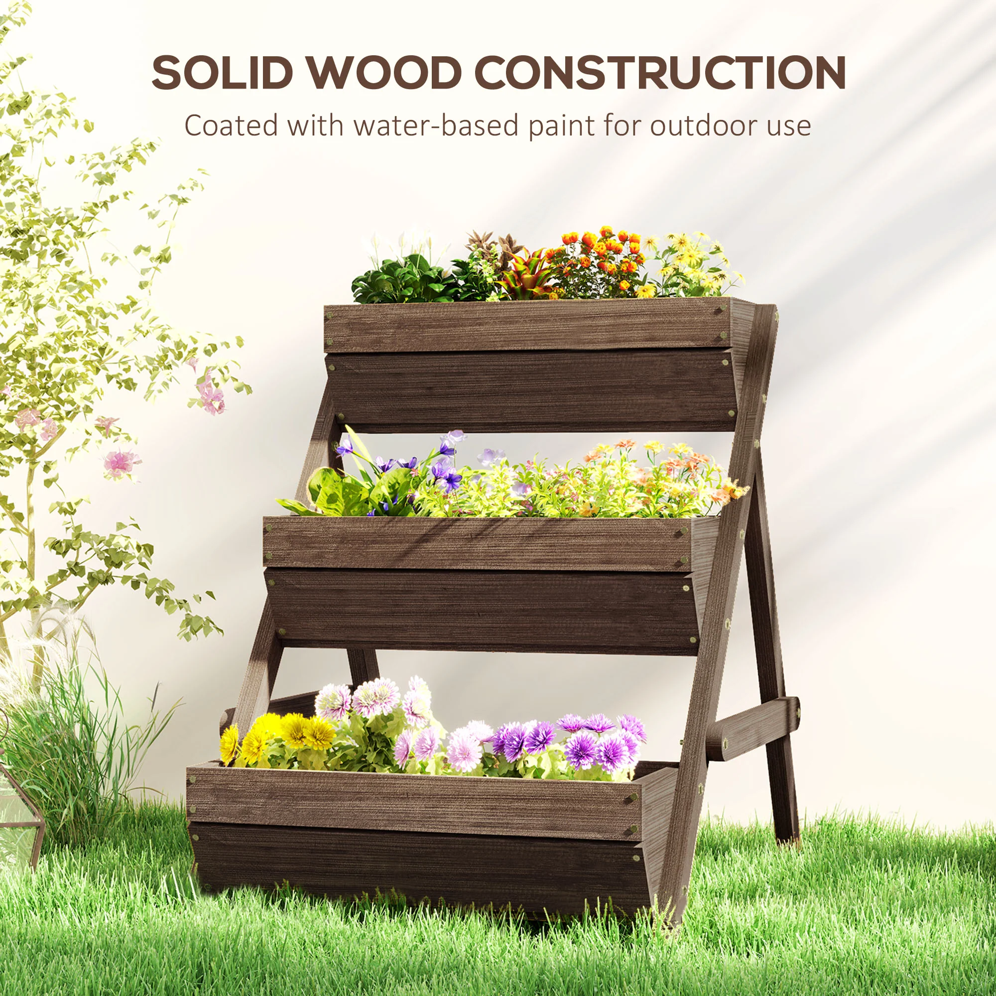 3 Tier 66L Raised Garden Bed Wooden Elevated Planter Box Kit for Flower, Vegetable, Herb, 65 x 75 x 76cm, Tan - Image 8