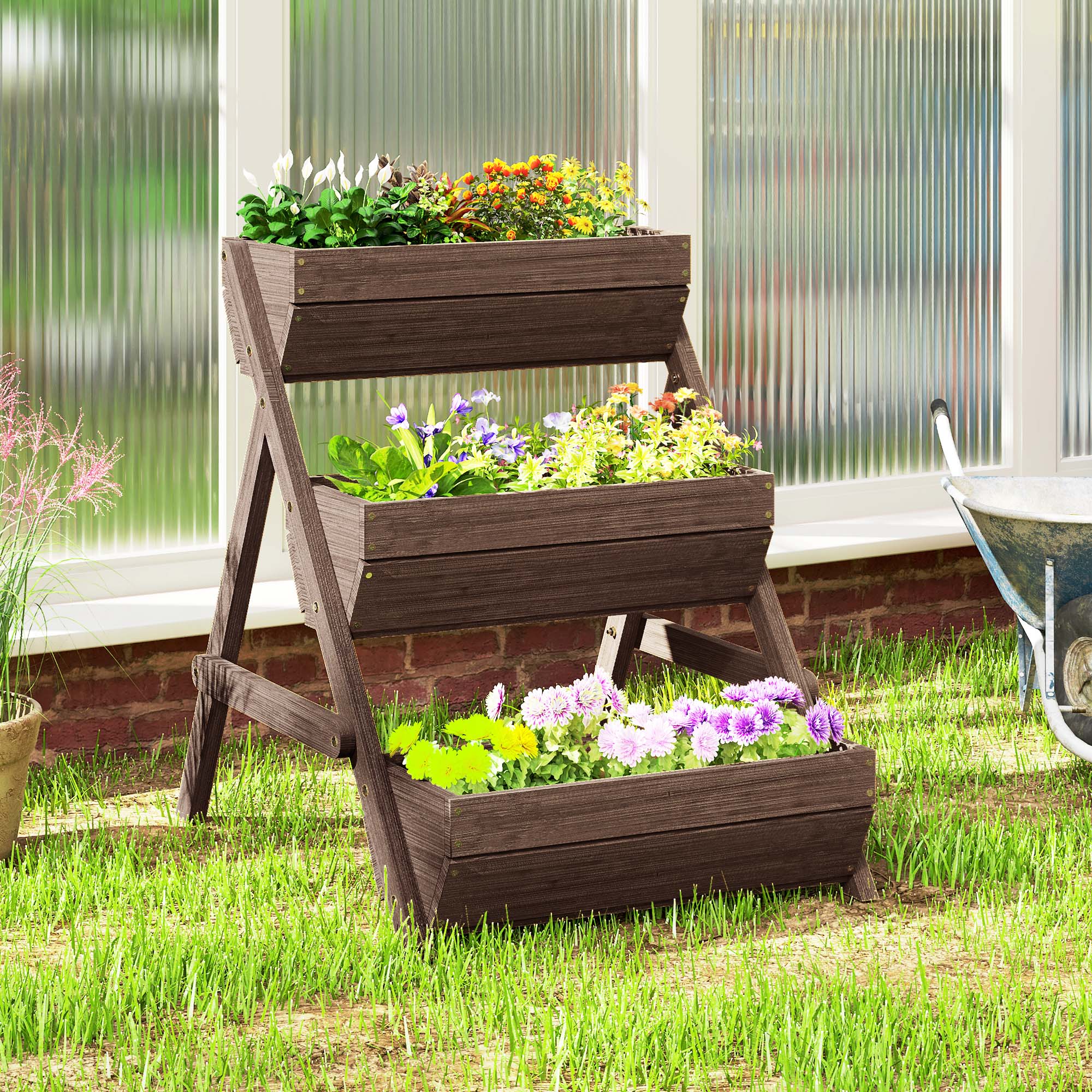 3 Tier 66L Raised Garden Bed Wooden Elevated Planter Box Kit for Flower, Vegetable, Herb, 65 x 75 x 76cm, Tan - Image 9