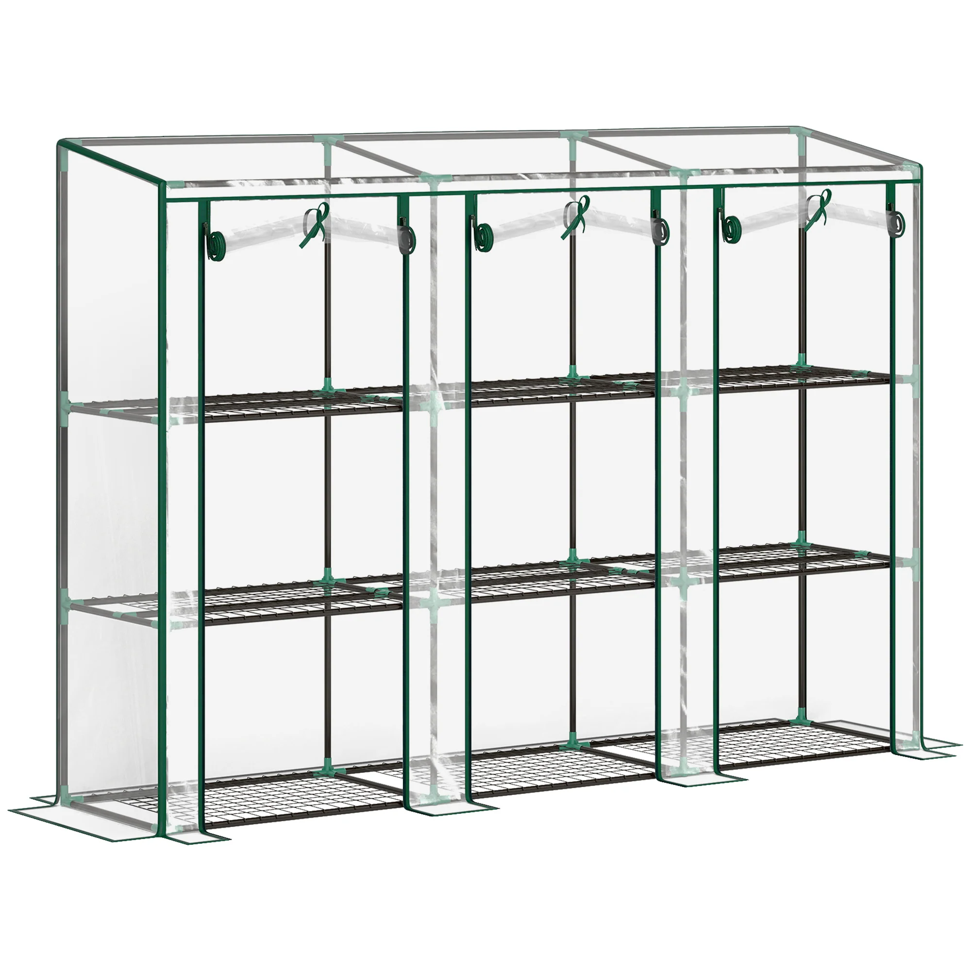 3 Tier Lean-to Mini Greenhouse w/ Reinforced PE Cover & 3 Roll-Up Doors, 151x215x46cm, Clear