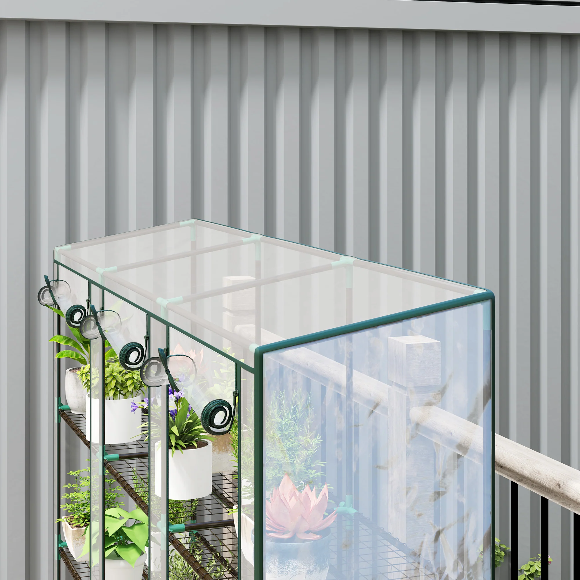 3 Tier Lean-to Mini Greenhouse w/ Reinforced PE Cover & 3 Roll-Up Doors, 151x215x46cm, Clear - Image 11