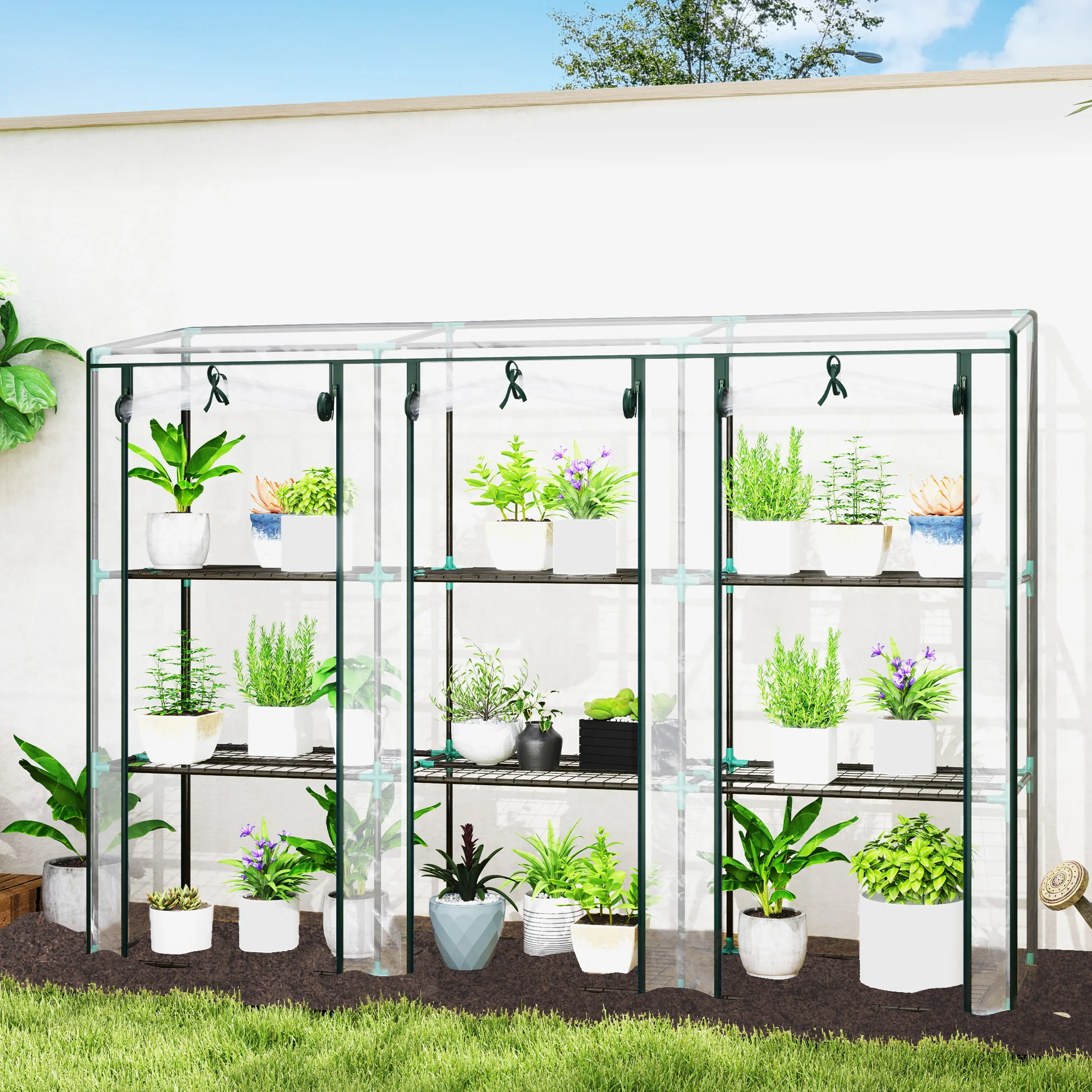 3 Tier Lean-to Mini Greenhouse w/ Reinforced PE Cover & 3 Roll-Up Doors, 151x215x46cm, Clear - Image 3