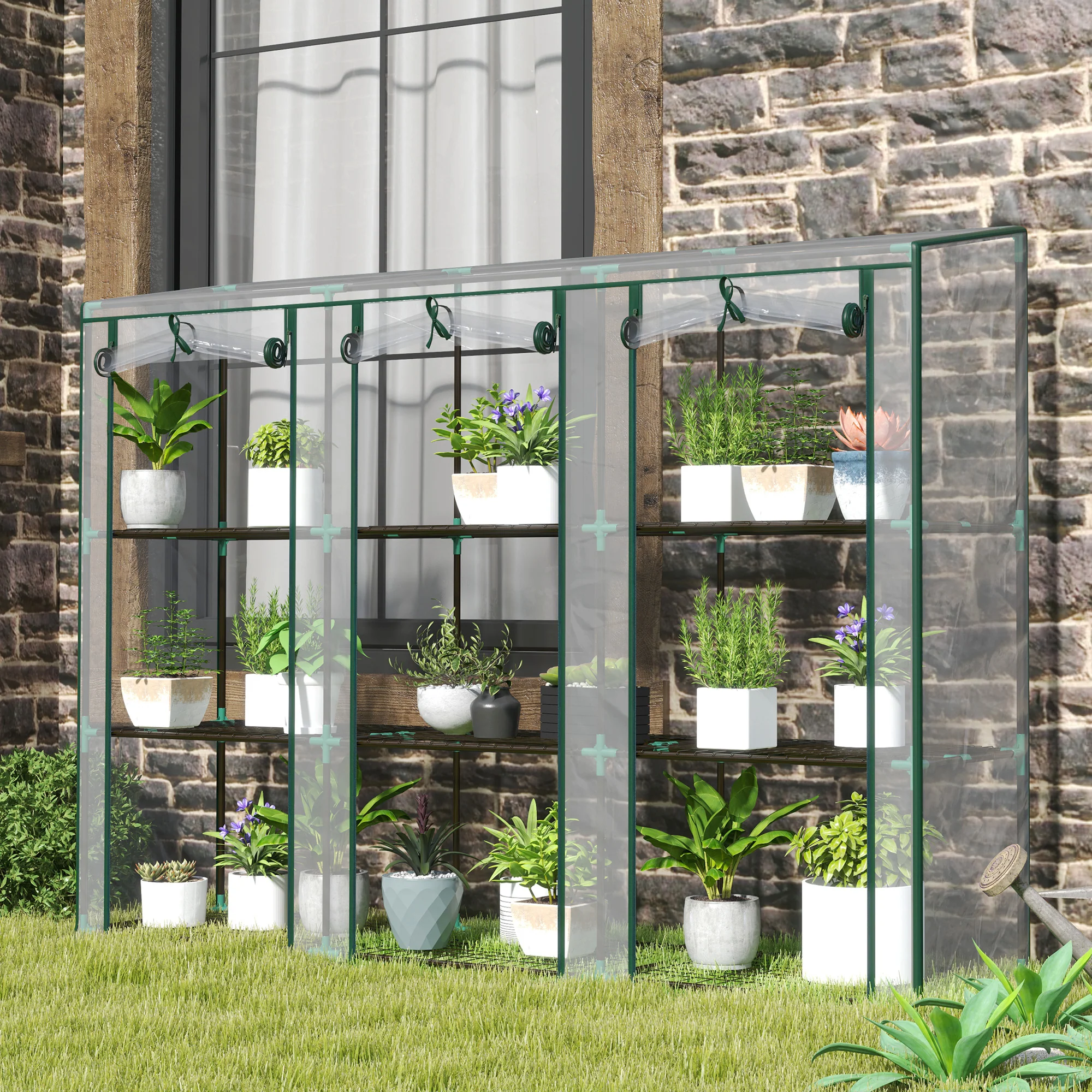 3 Tier Lean-to Mini Greenhouse w/ Reinforced PE Cover & 3 Roll-Up Doors, 151x215x46cm, Clear - Image 4