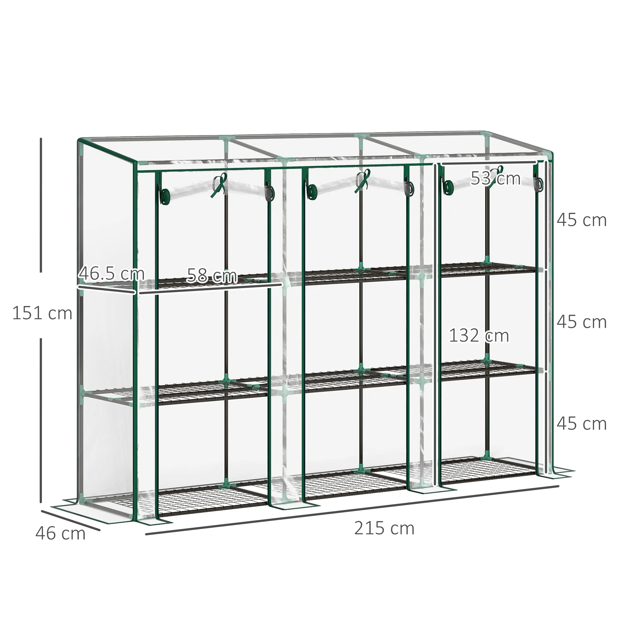 3 Tier Lean-to Mini Greenhouse w/ Reinforced PE Cover & 3 Roll-Up Doors, 151x215x46cm, Clear - Image 5