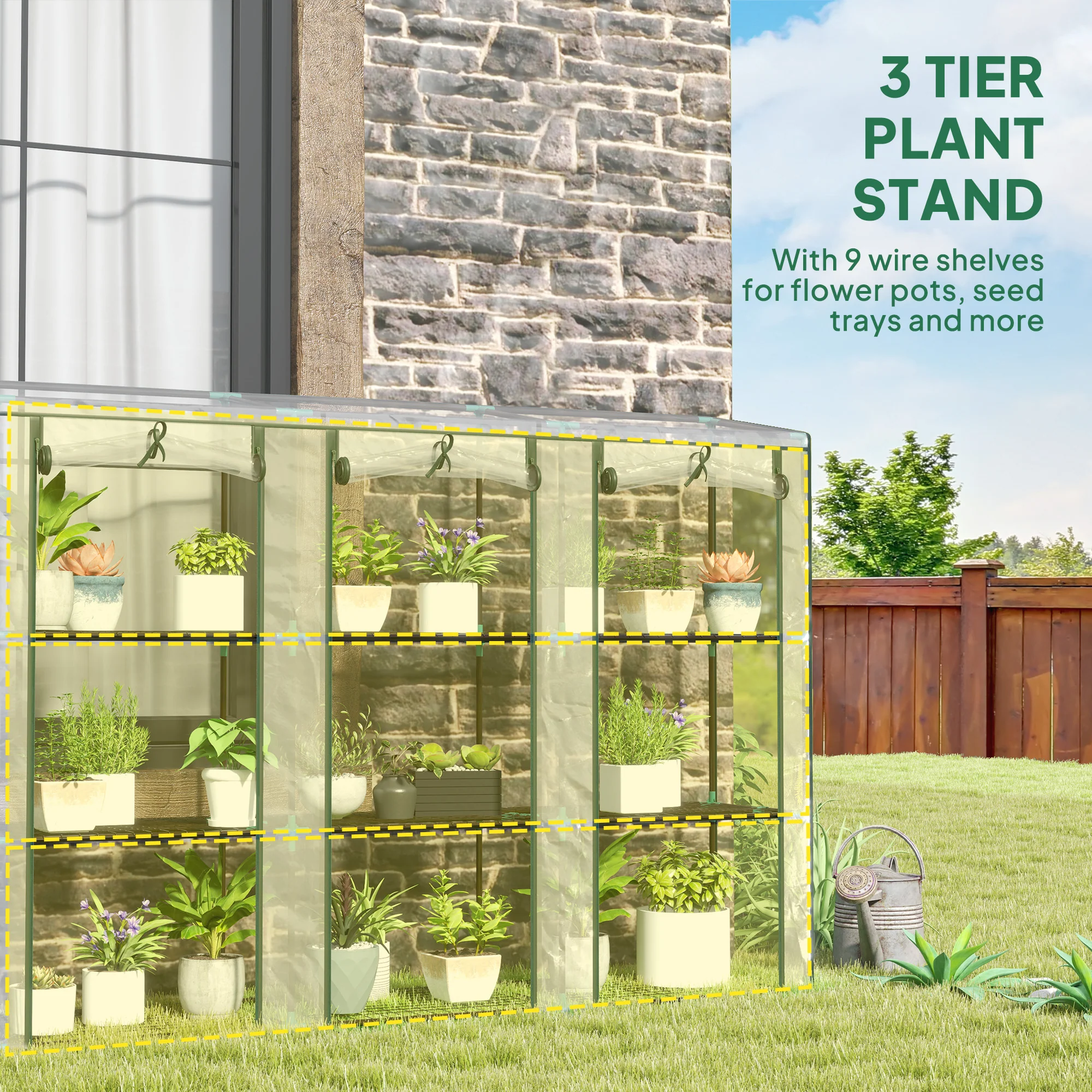 3 Tier Lean-to Mini Greenhouse w/ Reinforced PE Cover & 3 Roll-Up Doors, 151x215x46cm, Clear - Image 7