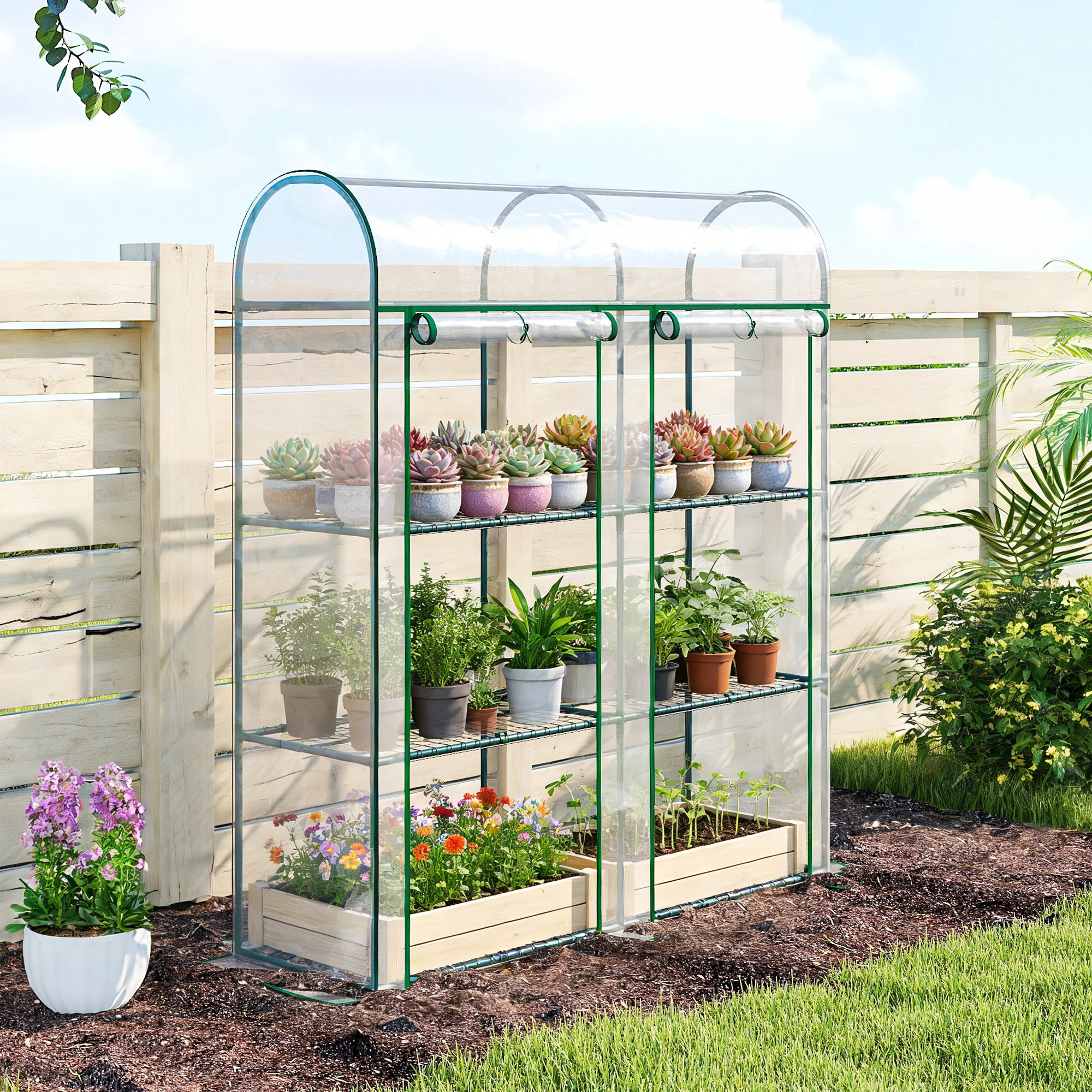 3 Tier Mini Greenhouse with 2 Roll-up Doors, 56.3" x 18.1" x 64.6" - Image 11