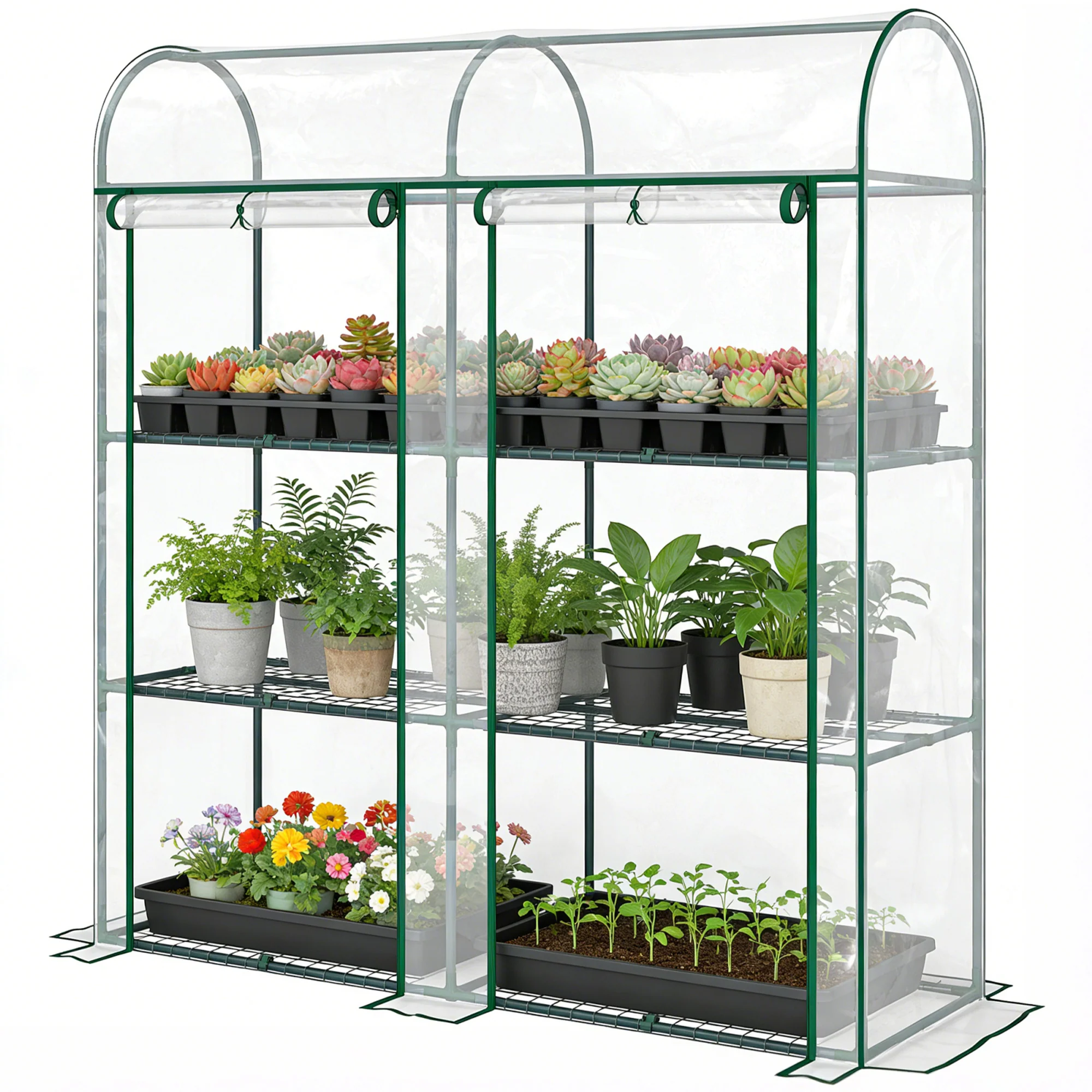 3 Tier Mini Greenhouse with 2 Roll-up Doors, 56.3" x 18.1" x 64.6" - Image 2