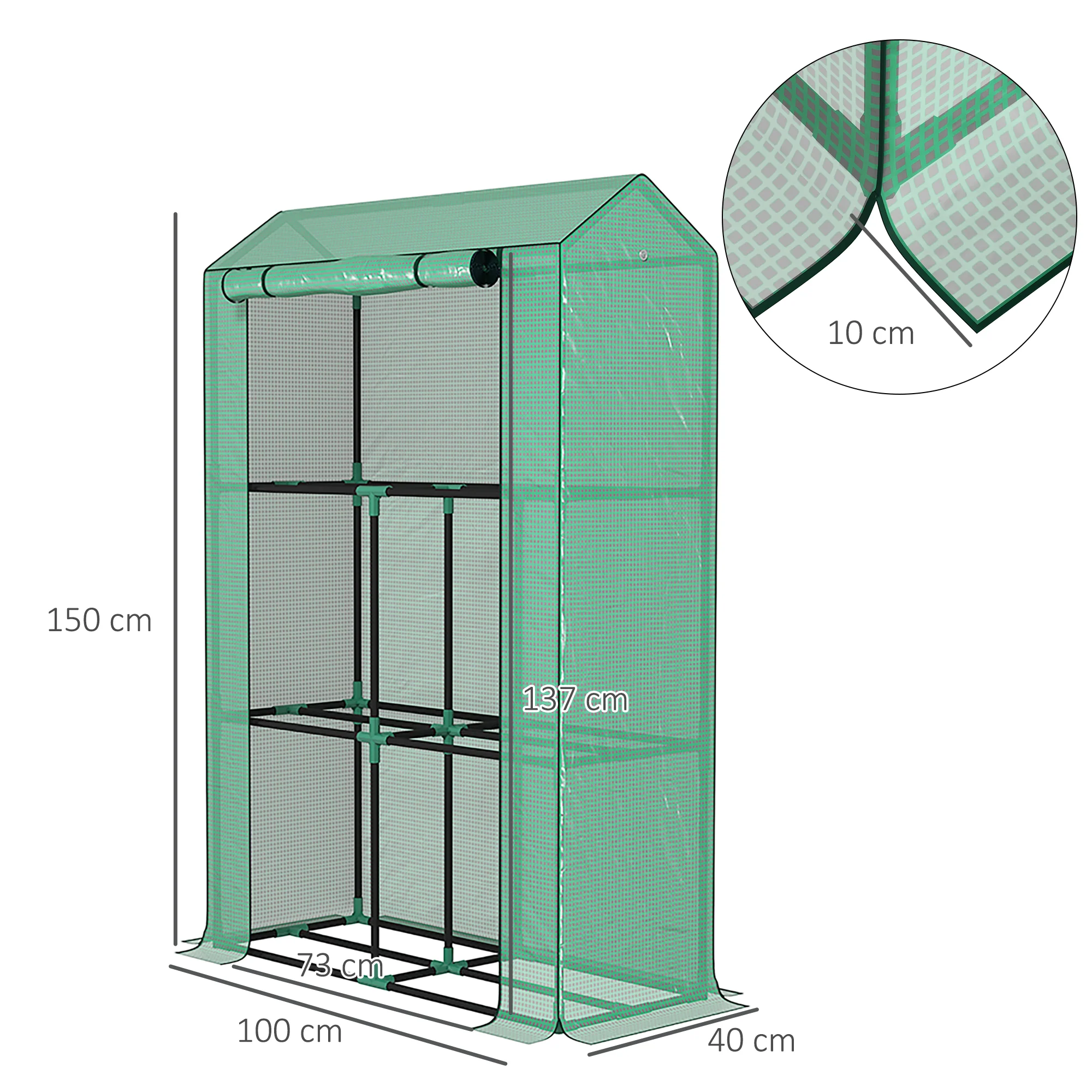 3 Tier Mini Greenhouse with Reinforced PE Cover & Roll-Up Door, 100 x 40 x 150cm, Green - Image 5