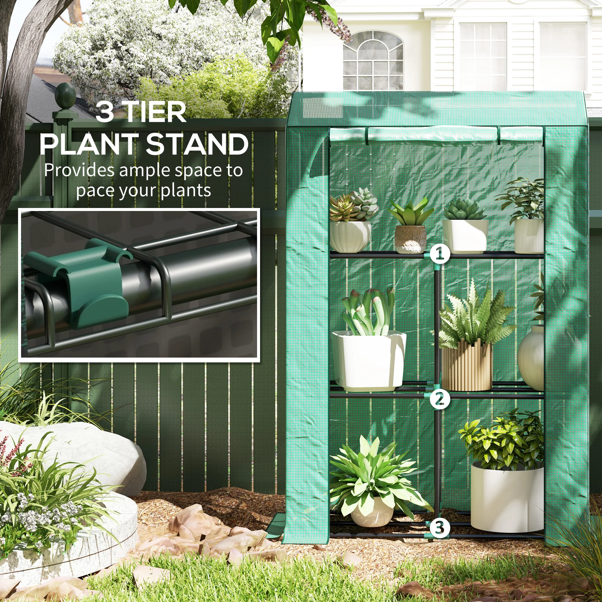 3 Tier Mini Greenhouse with Reinforced PE Cover & Roll-Up Door, 100 x 40 x 150cm, Green - Image 7