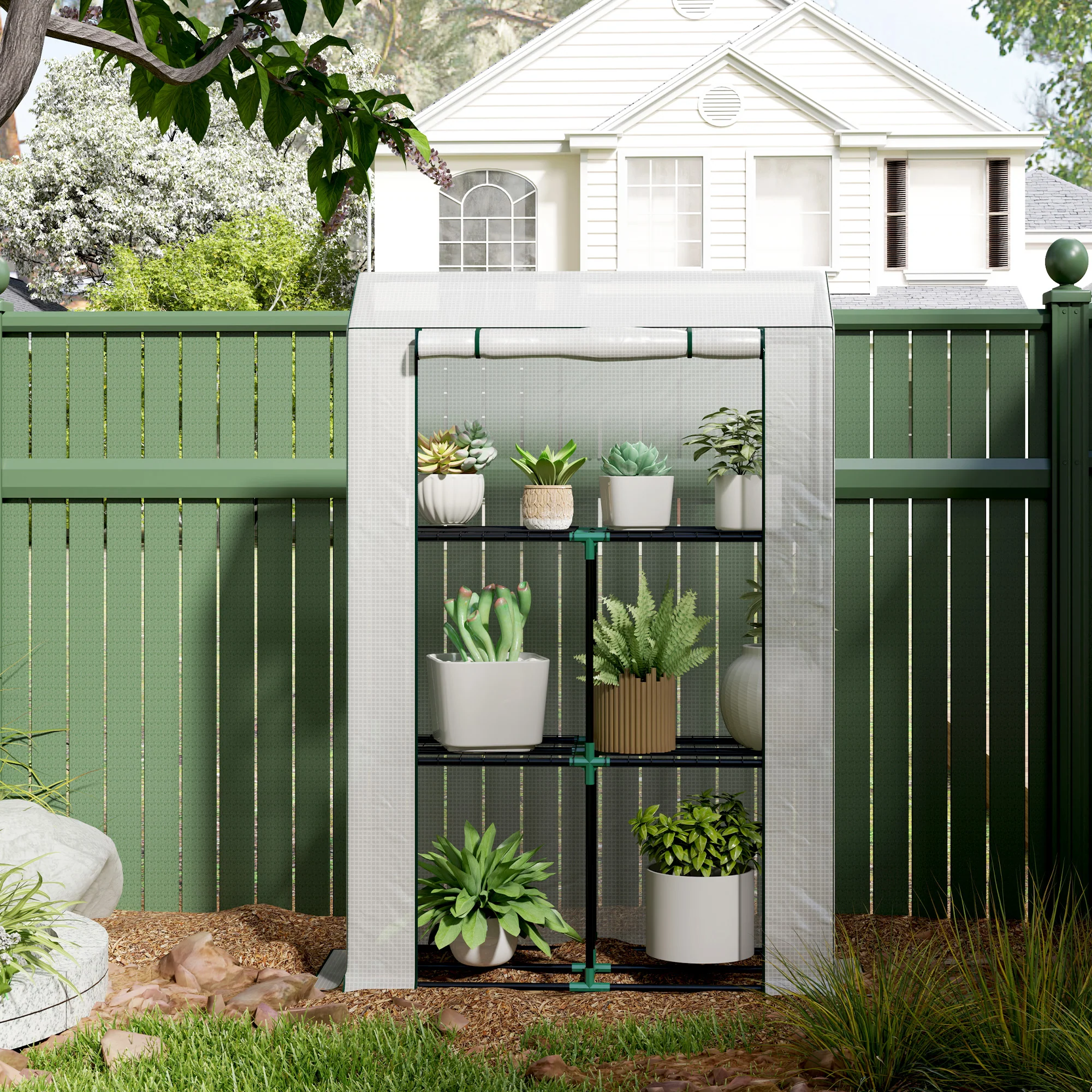 3 Tier Mini Greenhouse with Reinforced PE Cover & Roll-Up Door, 100 x 40x 150cm, White - Image 10