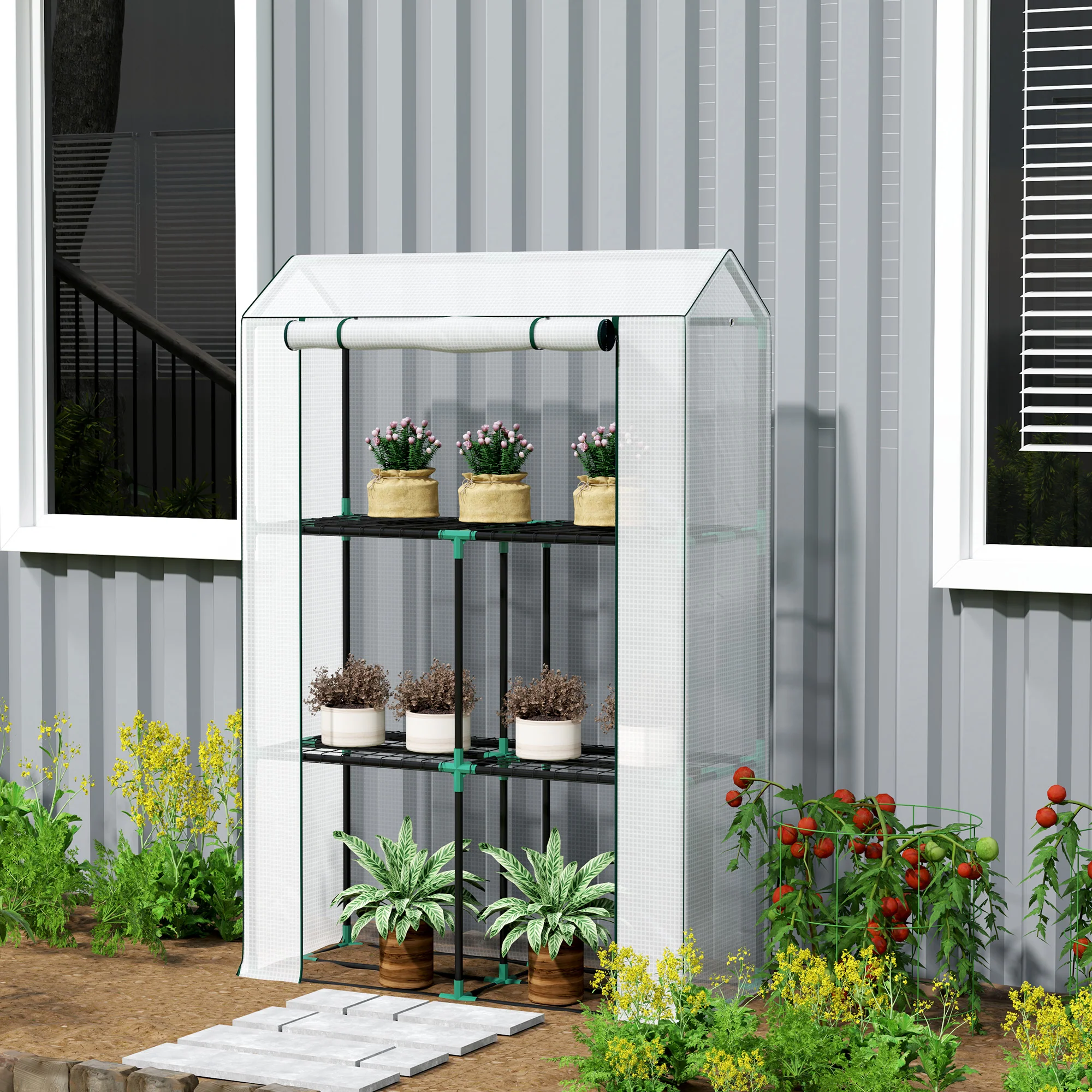 3 Tier Mini Greenhouse with Reinforced PE Cover & Roll-Up Door, 100 x 40x 150cm, White - Image 4