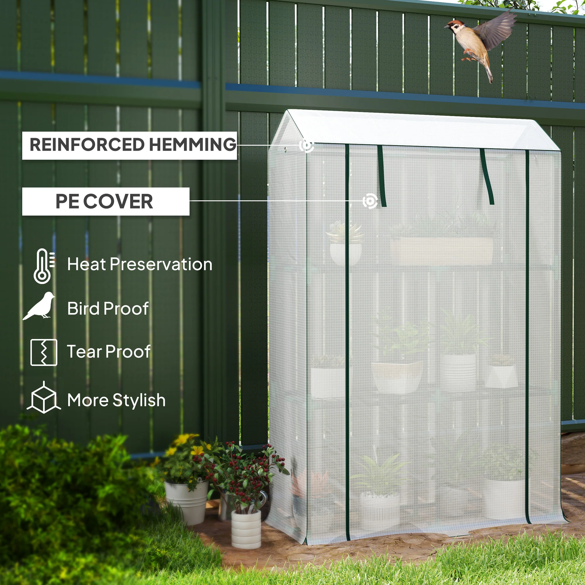 3 Tier Mini Greenhouse with Reinforced PE Cover & Roll-Up Door, 100 x 40x 150cm, White - Image 7