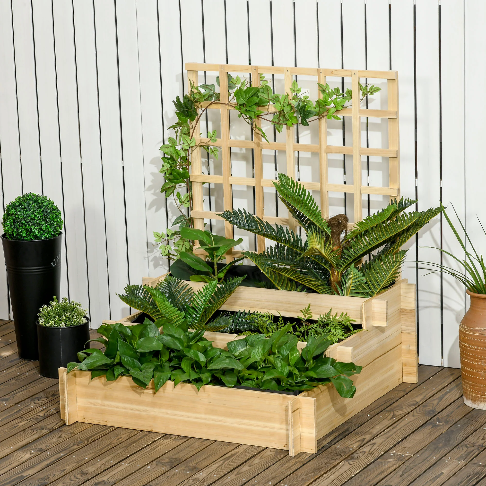3 Tier Planters with Trellis for Vine Climbing, Wooden Raised Beds for Garden Patio, Outdoor Planter Box for Vegetables, Flowers, Herbs, Natural Tone - Image 4
