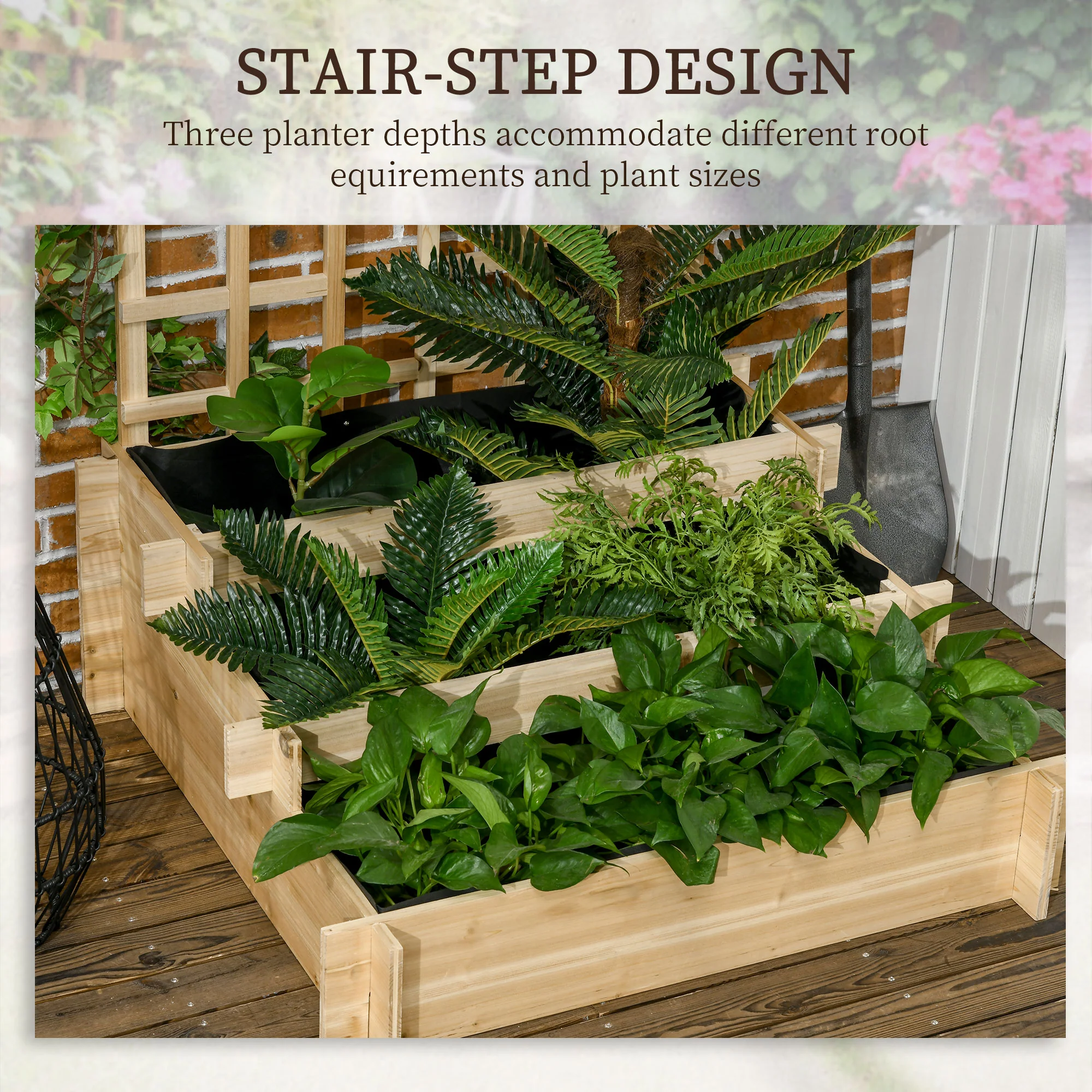 3 Tier Planters with Trellis for Vine Climbing, Wooden Raised Beds for Garden Patio, Outdoor Planter Box for Vegetables, Flowers, Herbs, Natural Tone - Image 7